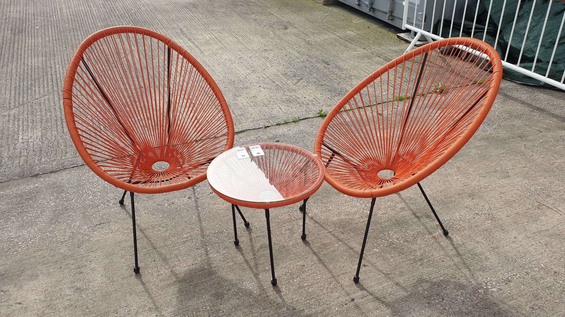 3 PC ORANGE STRING BISTRO SET COMPRISING ROUND COFFEE TABLE WITH TEMPERED GLASS TOP AND 2 SINGLE