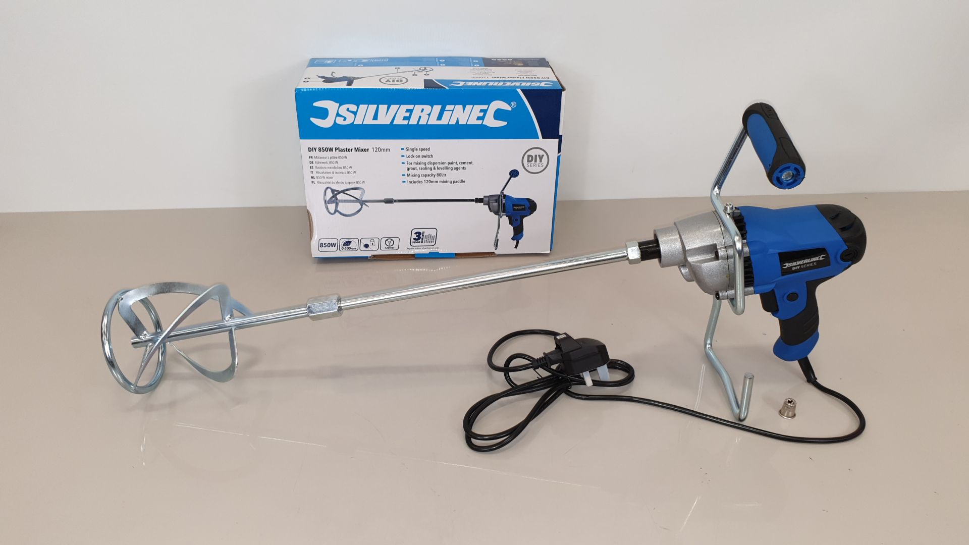 2 X BRAND NEW SILVERLINE DIY 850W PAINT / CEMENT / PLASTER MIXERS WITH 120MM DIA PADDLE, 80 LITRE