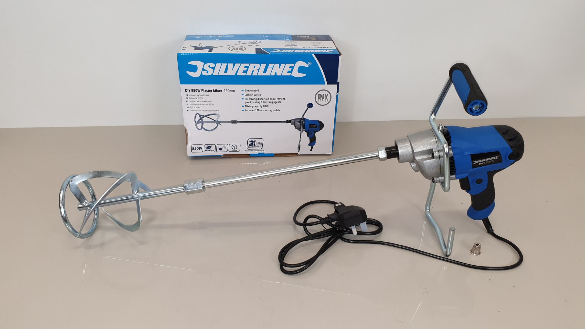 2 X BRAND NEW SILVERLINE DIY 850W PAINT / CEMENT / PLASTER MIXERS WITH 120MM DIA PADDLE, 80 LITRE