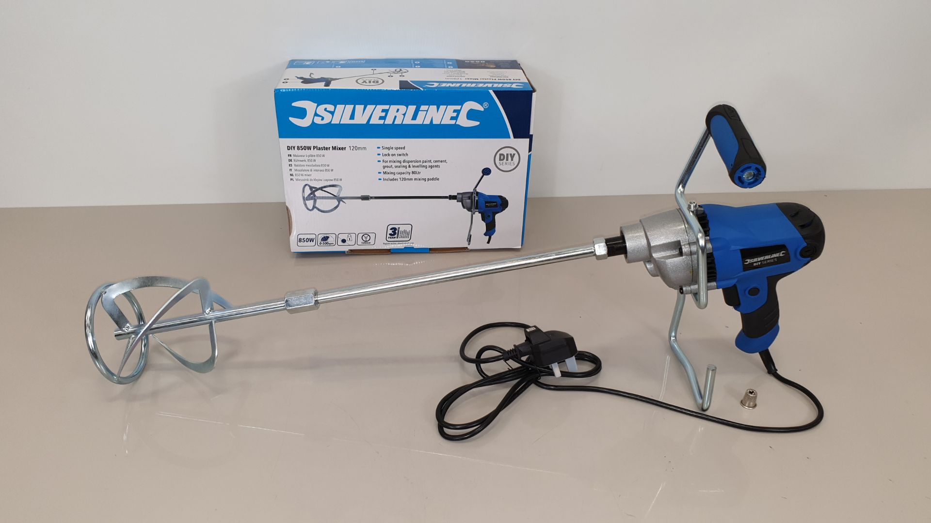 2 X BRAND NEW SILVERLINE DIY 850W PAINT / CEMENT / PLASTER MIXERS WITH 120MM DIA PADDLE, 80 LITRE