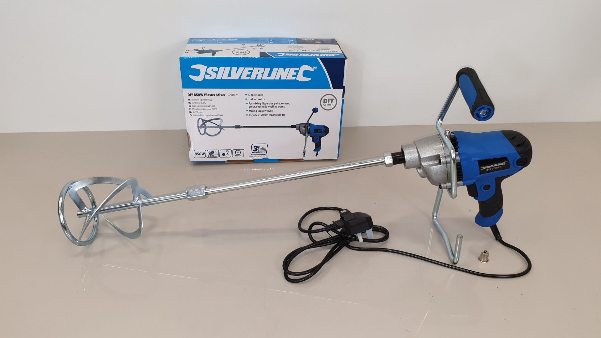 2 X BRAND NEW SILVERLINE DIY 850W PAINT / CEMENT / PLASTER MIXERS WITH 120MM DIA PADDLE, 80 LITRE