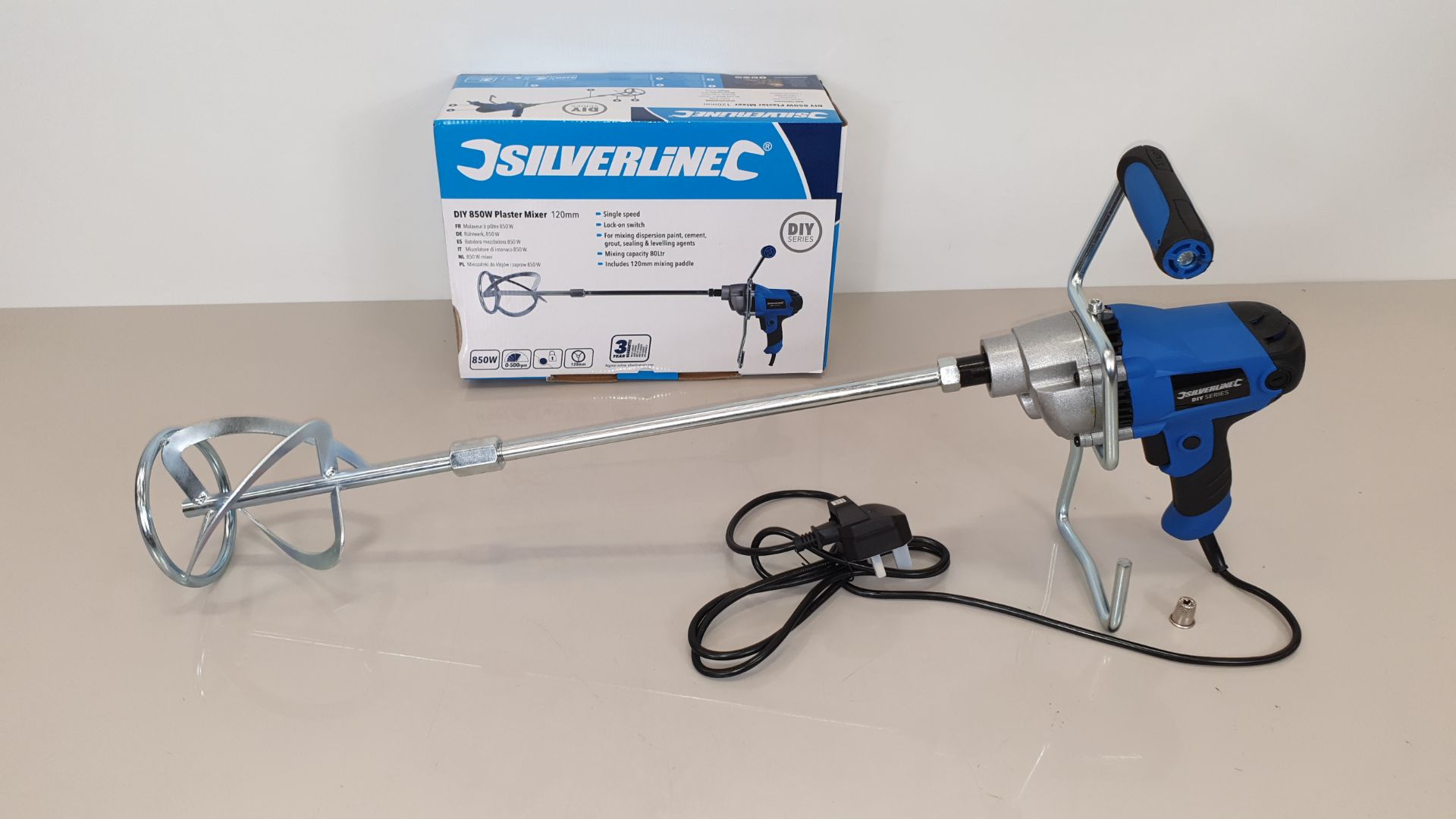 2 X BRAND NEW SILVERLINE DIY 850W PAINT / CEMENT / PLASTER MIXERS WITH 120MM DIA PADDLE, 80 LITRE