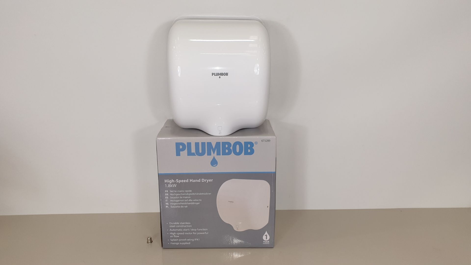 BRAND NEW PLUMBOB HIGH SPEED HAND DRYER 1.8KW - STAINLESS STEEL IN WHITE FINISH SPLASH PROOF TO IPX1