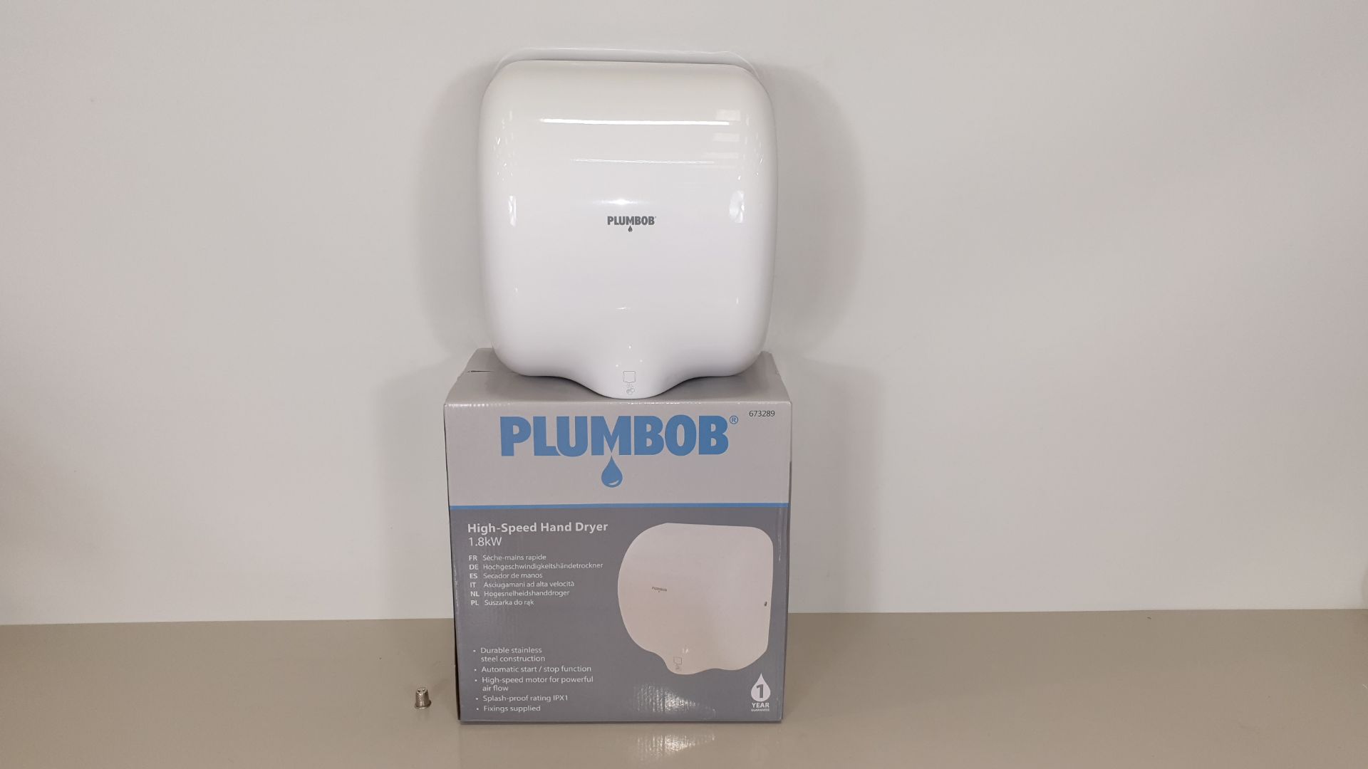 BRAND NEW PLUMBOB HIGH SPEED HAND DRYER 1.8KW - STAINLESS STEEL IN WHITE FINISH SPLASH PROOF TO IPX1