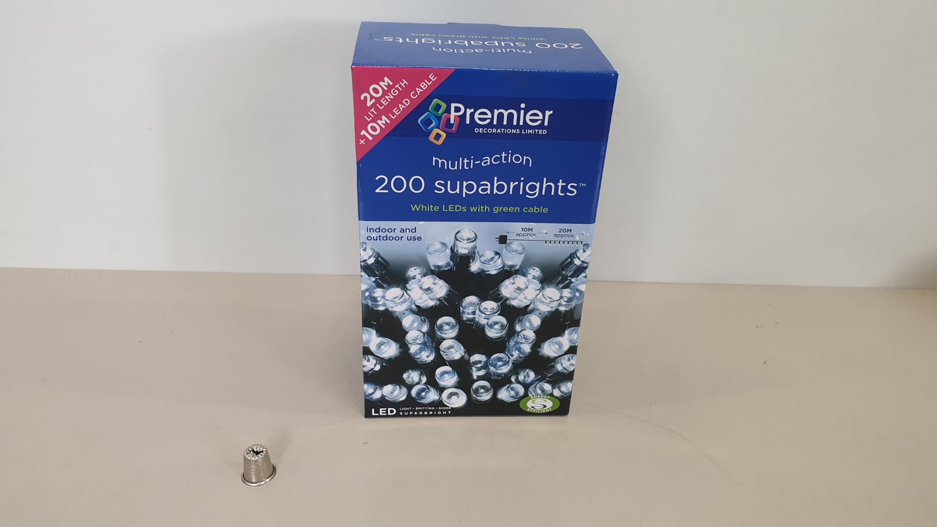 12 X BRAND NEW PREMIER MULTI ACTION 200 SUPABRIGHTS WHITE LEDS WITH GREEN CABLE, (20M LIT LENGTH +