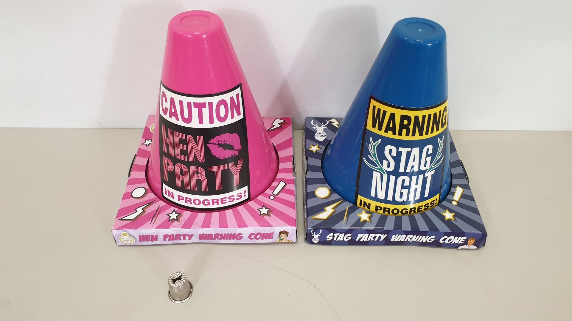 432 X BRAND NEW HEN PARTY WARNING CONES - STAG PARTY AND HEN PARTY IN PINK AND BLUE IN 18 BOXES