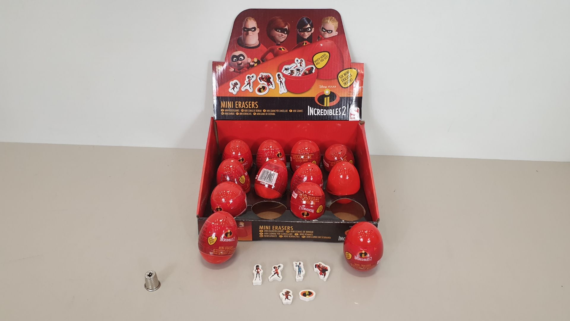 288 X INCREDIBLES SECRET EGG CHARACTER ERASERS CONTAINED WITHIN 24 MERCHANDISING CARDBOARD BOXES