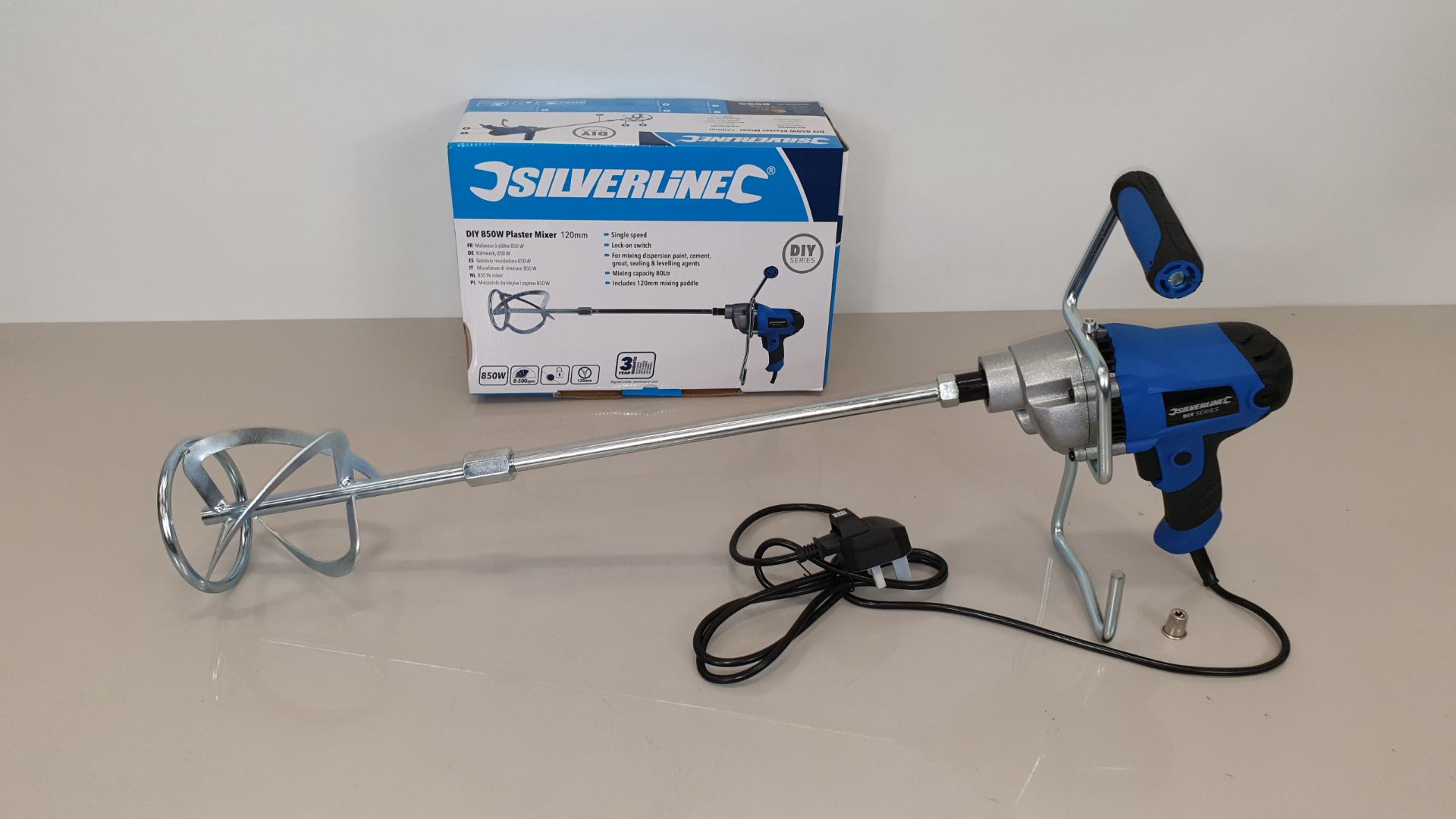 2 X BRAND NEW SILVERLINE DIY 850W PAINT / CEMENT / PLASTER MIXERS WITH 120MM DIA PADDLE, 80 LITRE