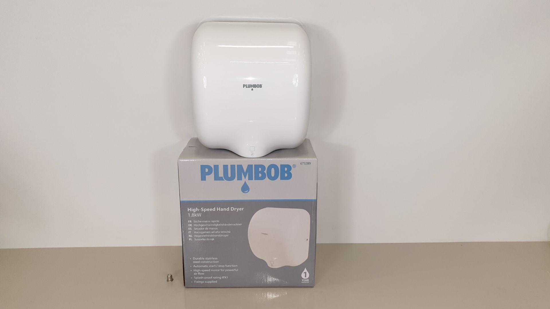 BRAND NEW PLUMBOB HIGH SPEED HAND DRYER 1.8KW - STAINLESS STEEL IN WHITE FINISH SPLASH PROOF TO IPX1