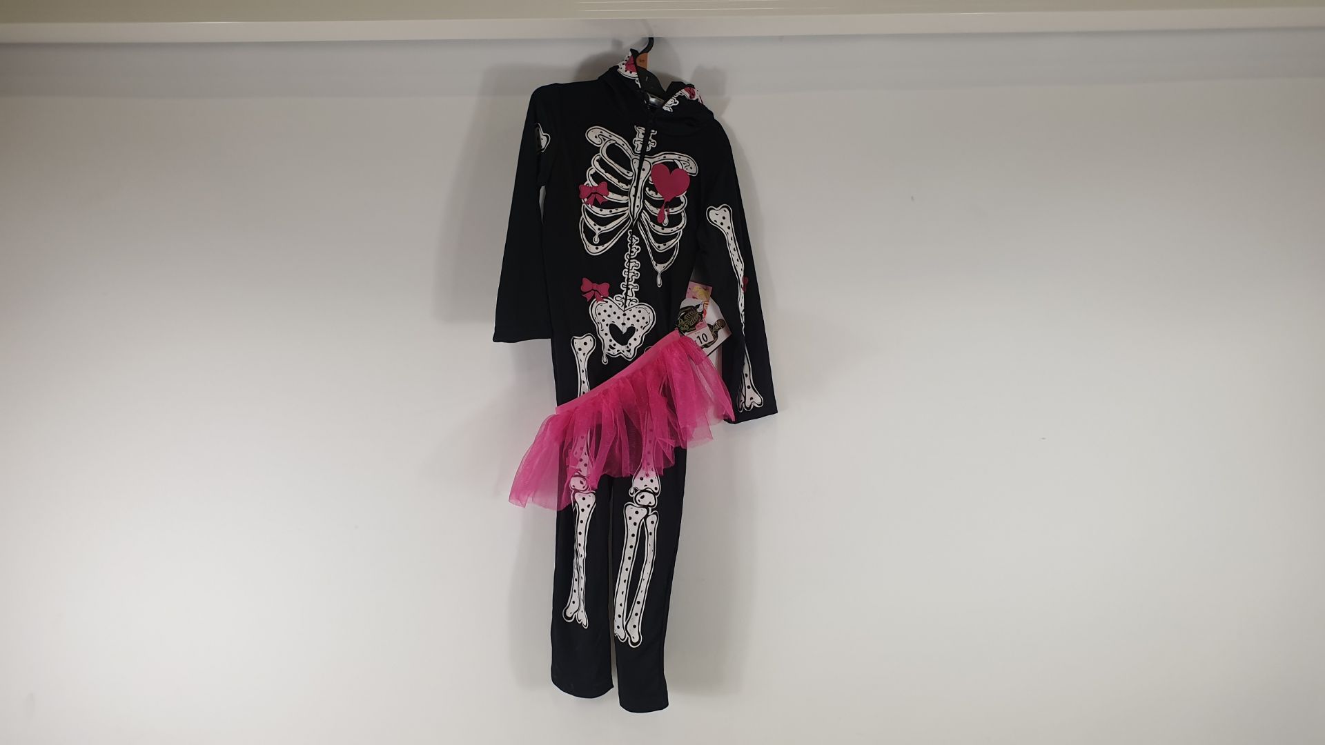 60 X BRAND NEW GIRLS SKELETON WITH PINK TUTU COSTUME WITH ZIP UP FACE HOOD - IN VARIOUS SIZES