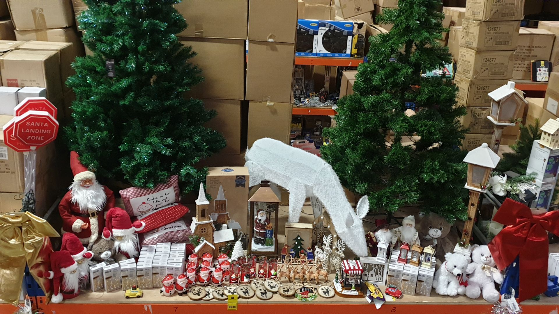 90+ BRAND NEW ASSORTED PREMIER CHRISTMAS LOT CONTAINING CHRISTMAS TREES, 3 TIER WOODEN LIT CHURCH,