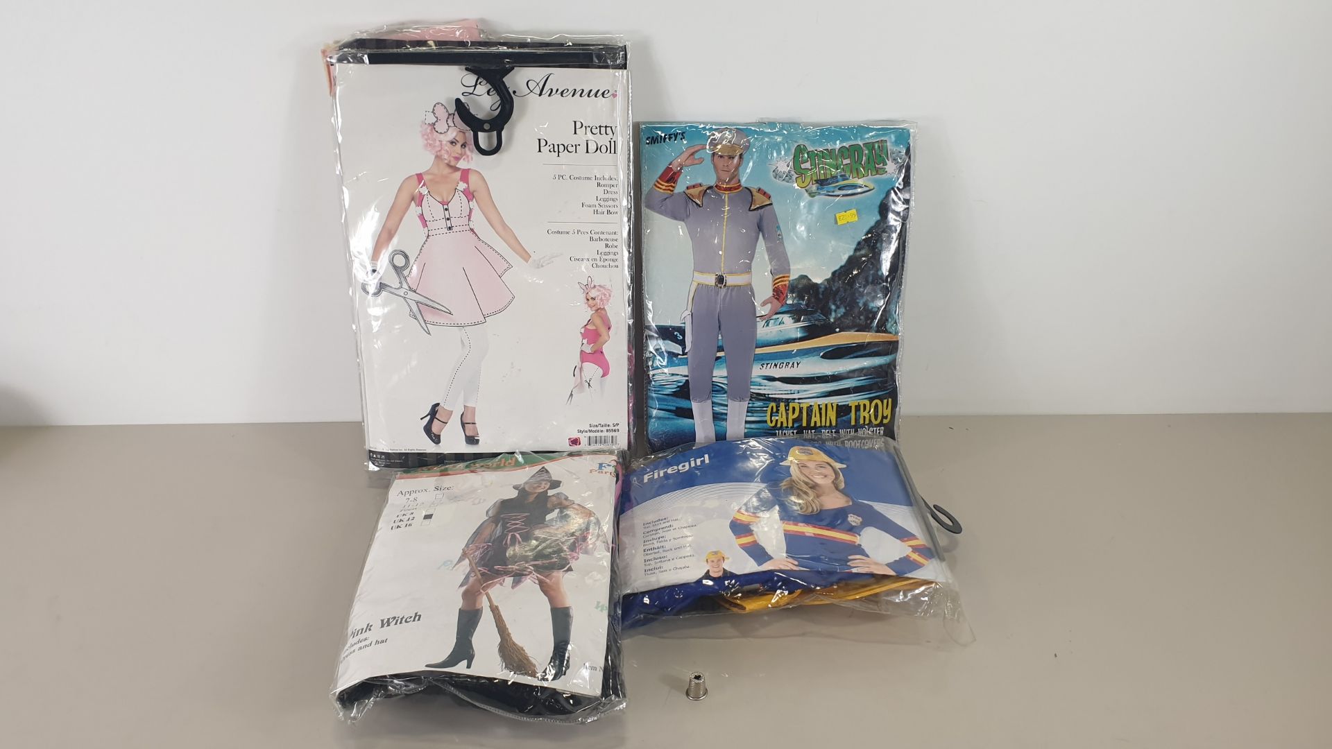 60 X ASSORTED BRAND NEW FANCY DRESS COSTUMES IE PINK WITCH, SEXY PIT STOP, PRETTY PAPER DOLL,