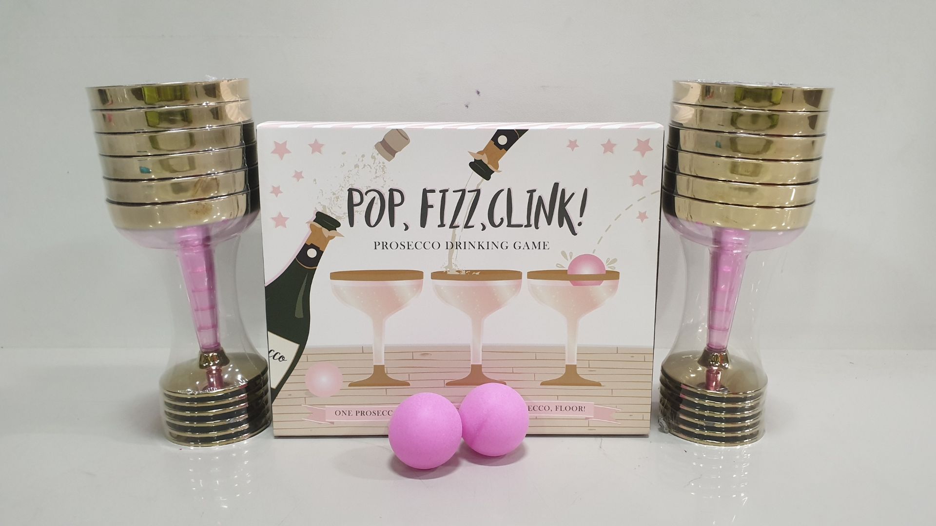 30 X BRAND NEW POP,FIZZ,CLINK PROSECCO DRINKING GAME (CONTAINS SET OF 12 PLASTIC PROSECCO GLASSES, 2