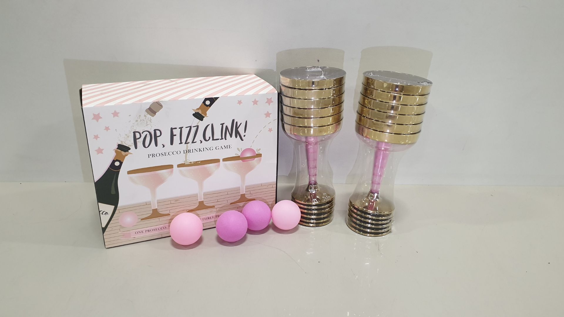 30 X BRAND NEW PROSECCO DRINKING GAMES - POP,FIZZ,CLINK - EACH CONTAINS 12 PLASTIC DRINKING GLASSES,