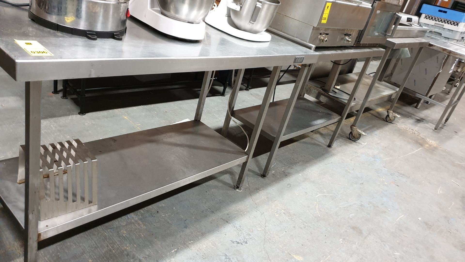 3 X STAINLESS STEEL PREP TABLES - ONE IS MOBILE