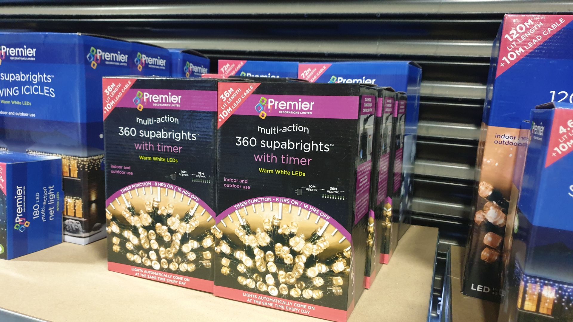 MIXED PREMIER LIGHTS LOT CONTAINING 8 PIECES IE 72 M MULTI ACTION SUPA BRIGHTS, 48M MULTI COLOURED