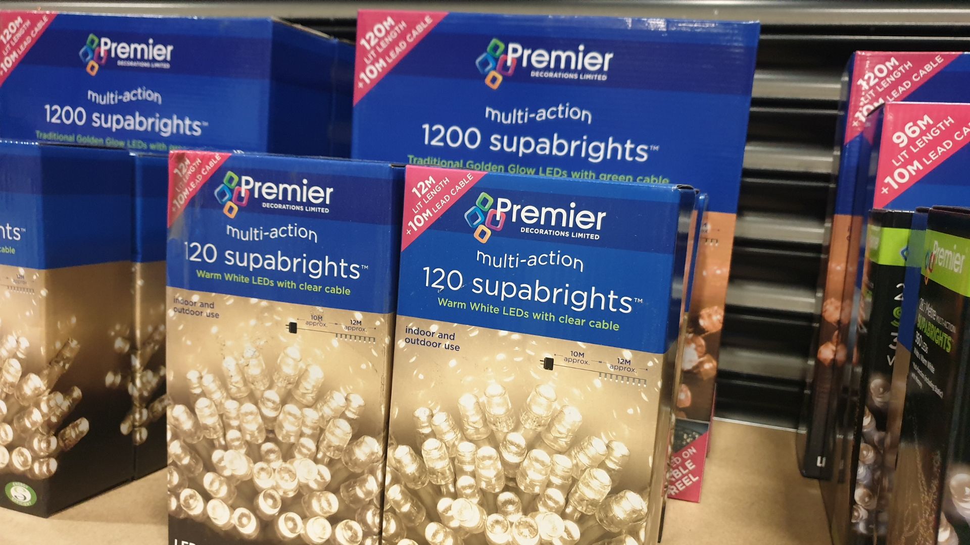 MIXED PREMIER LIGHTS LOT CONTAINING 8 PIECES IE 12OM TRADITIONAL GOLDEN GLOW SUPABRIGHT, 12M MULTI
