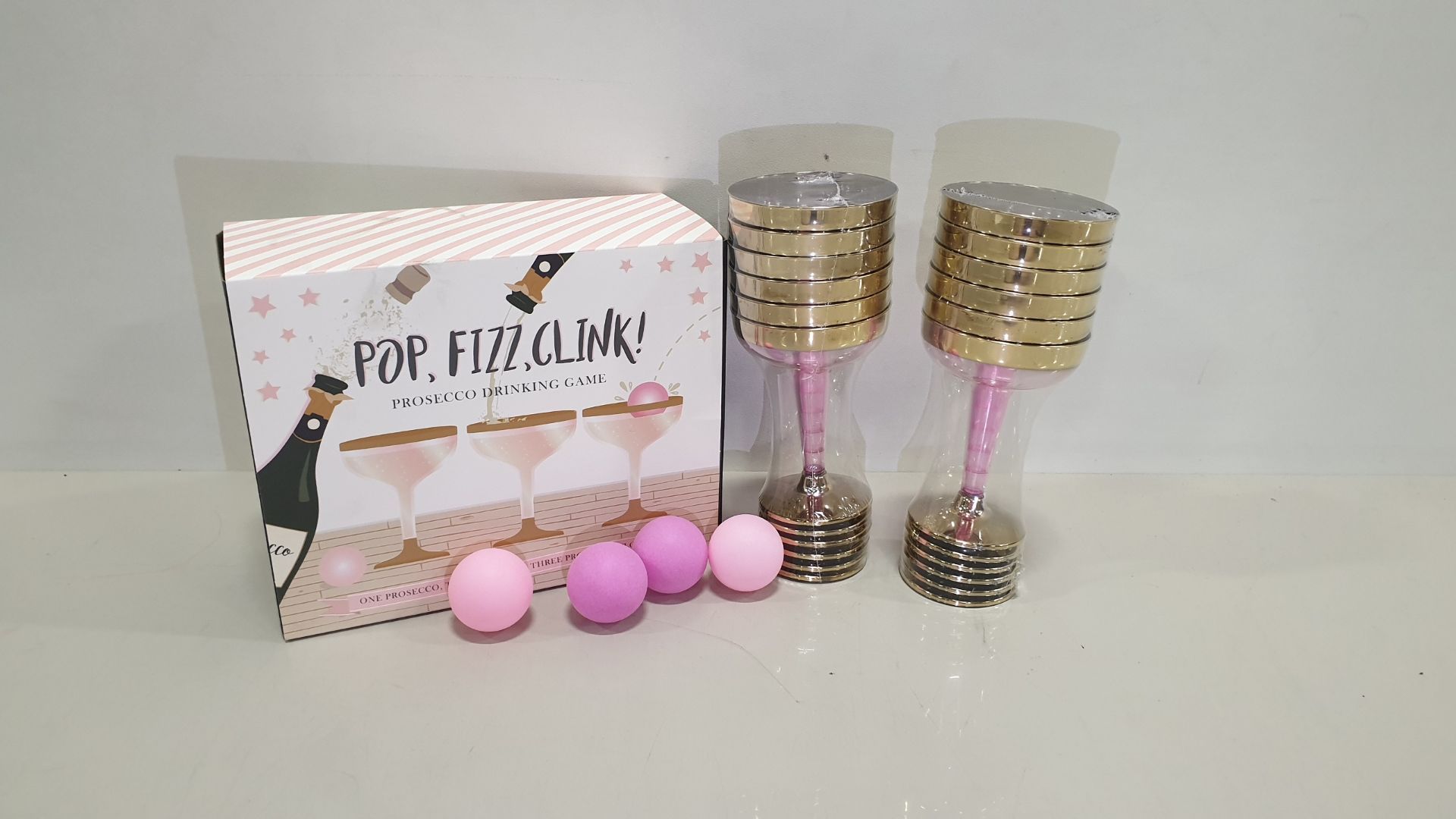 30 X BRAND NEW PROSECCO DRINKING GAMES - POP,FIZZ,CLINK - EACH CONTAINS 12 PLASTIC DRINKING GLASSES,