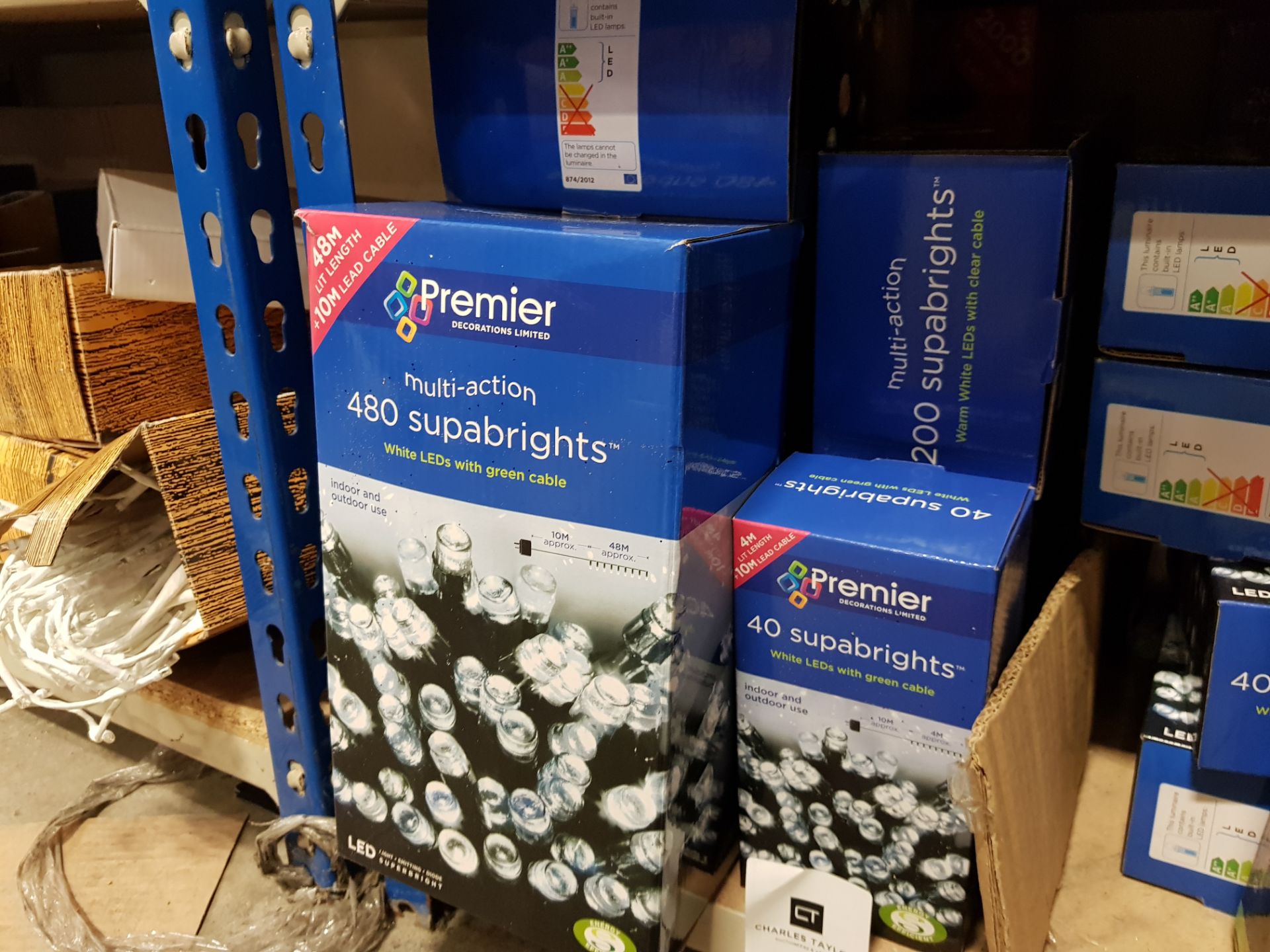 8 PIECE ASSORTED BRAND NEW PREMIER LIGHT LOT CONTAINING 25 METRE 2000 WHITE LED MULTI ACTION CLUSTER