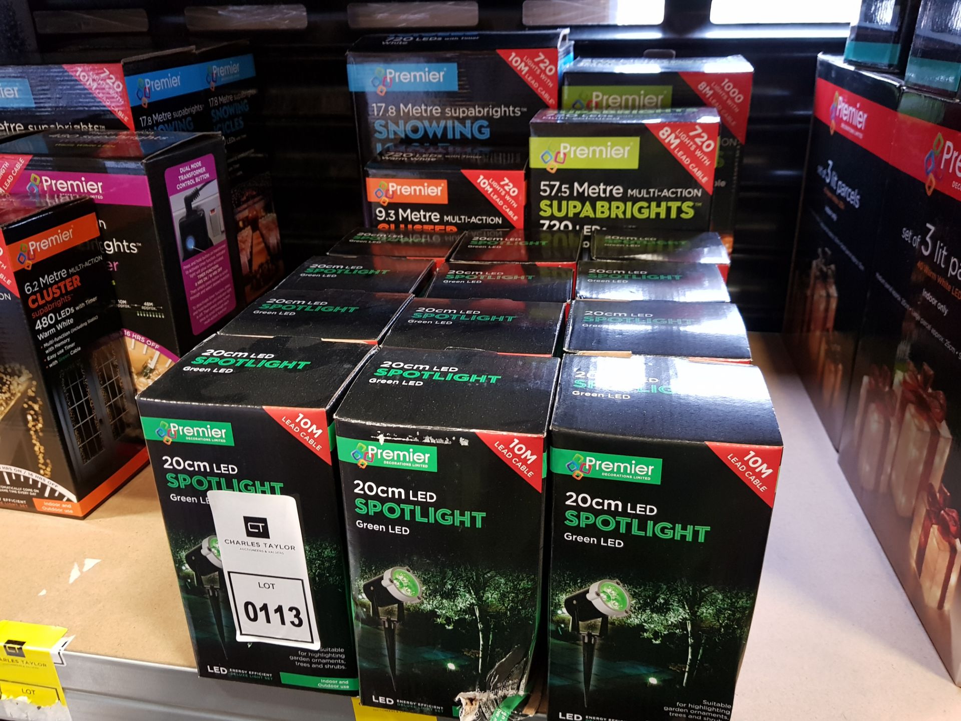 16 PIECE ASSORTED BRAND NEW PREMIER LIGHT LOT CONTAINING 12 X 20CM GREEN LED SPOTLIGHT, 9.3M 720 LED