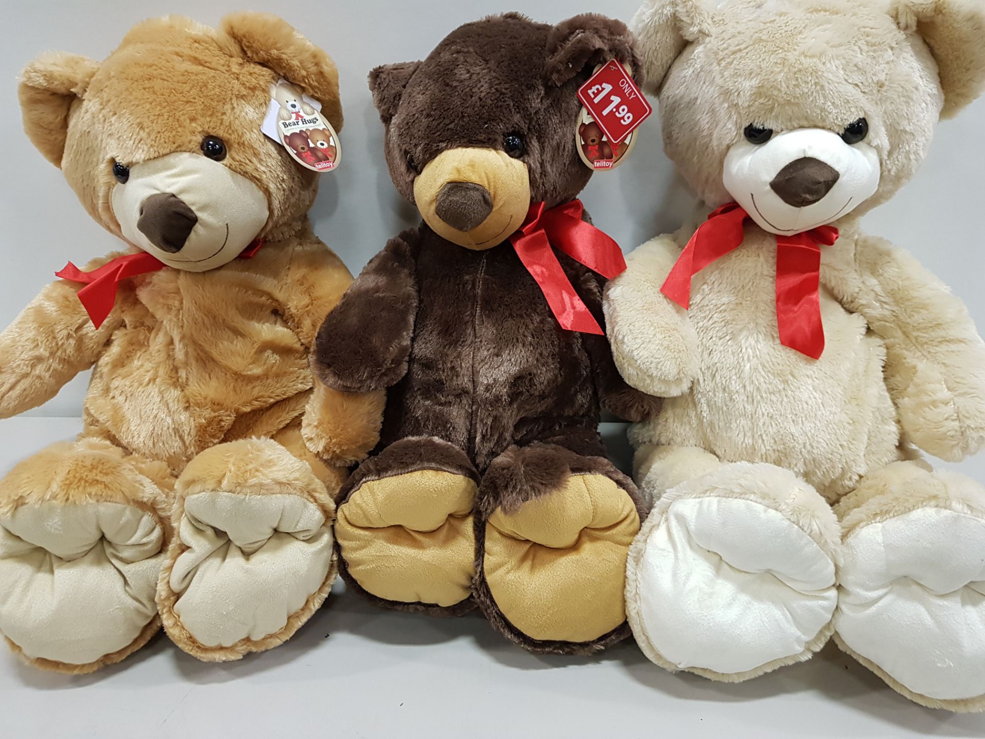 16 X BRAND NEW 100CM TELITOY BEAR HUGS SOFT TOYS IN BROWN AND WHITE RRP £11.99 CONTAINED IN 2