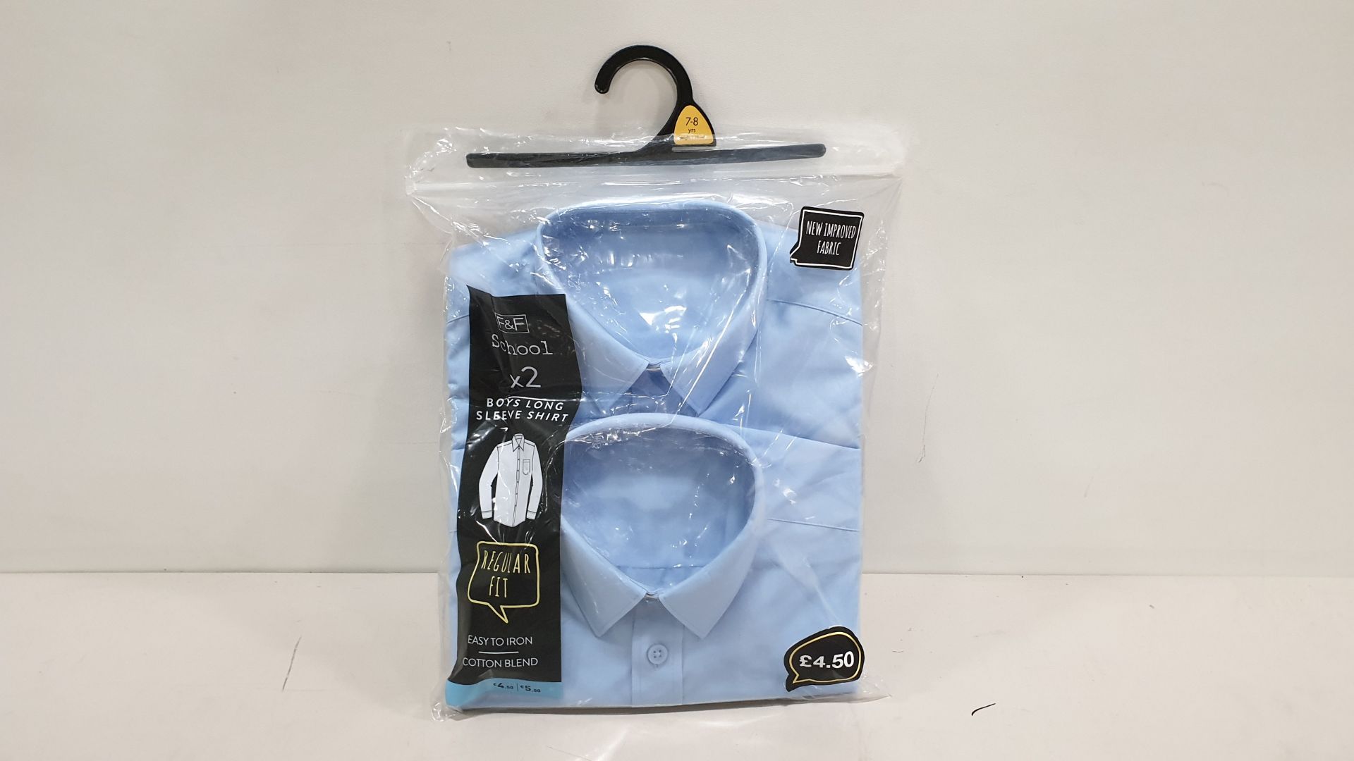 50 X BRAND NEW LIGHT BLUE PACKS OF 2 BOYS LONG SLEEVED SHIRTS - SIZES 7-8YEARS