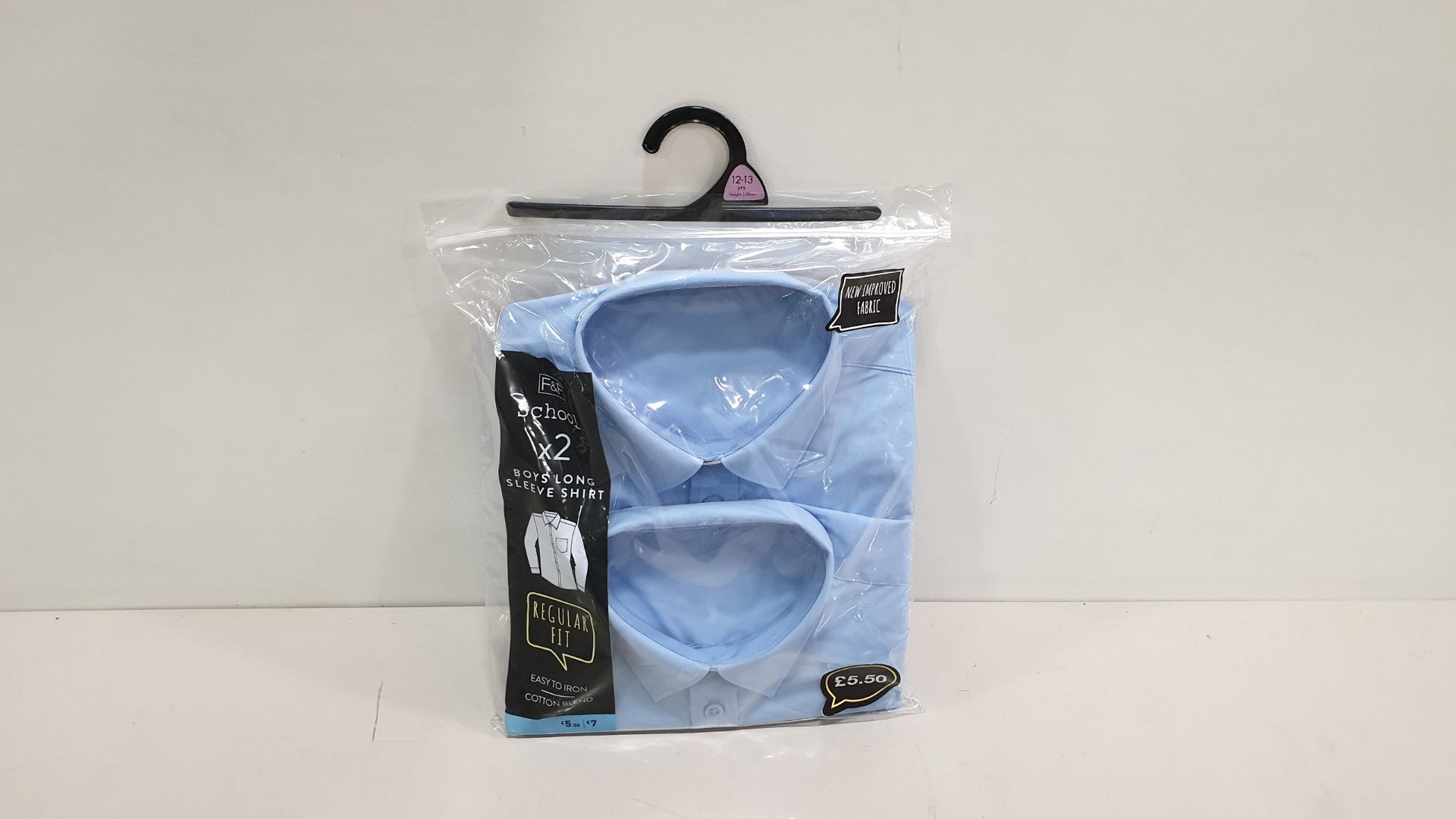 50 X BRAND NEW LIGHT BLUE PACKS OF 2 BOYS LONG SLEEVED SHIRTS - SIZES 12-13Y