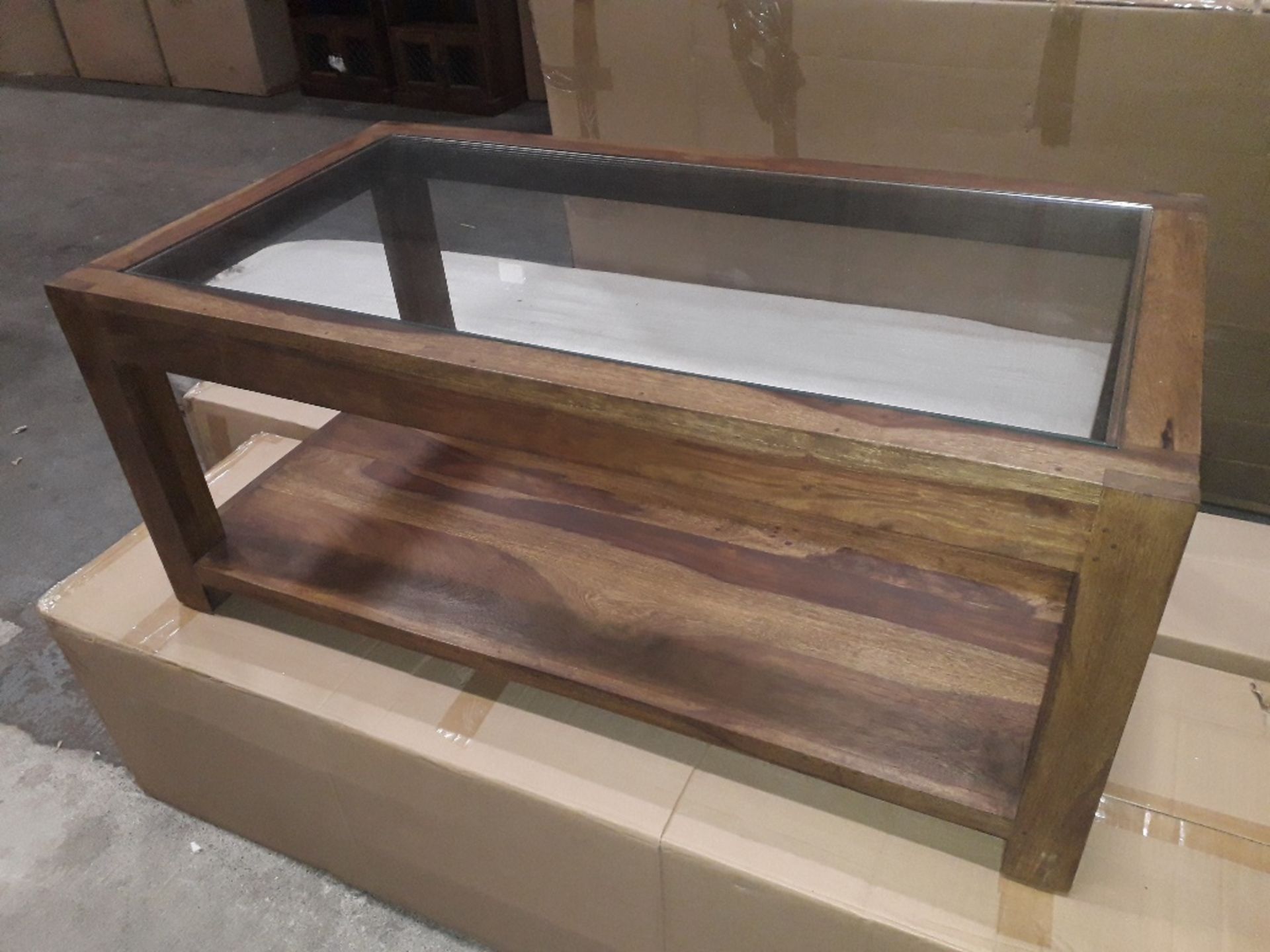 1 X BRAND NEW WOODEN COFFEE TABLE WITH GLASS TOP - 1000X500X500MM - IN BOX