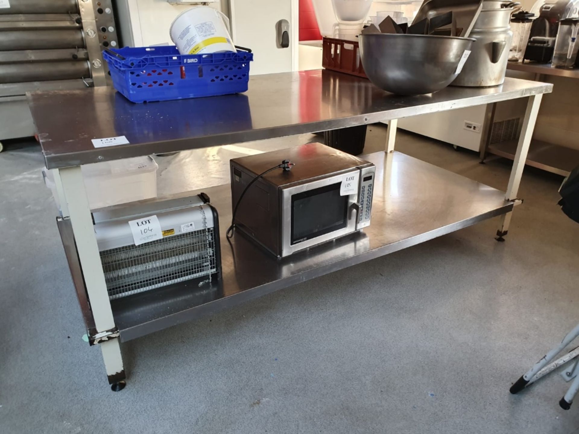 Mild steel, stainless steel topped prep table 2,350mm x 1,120m