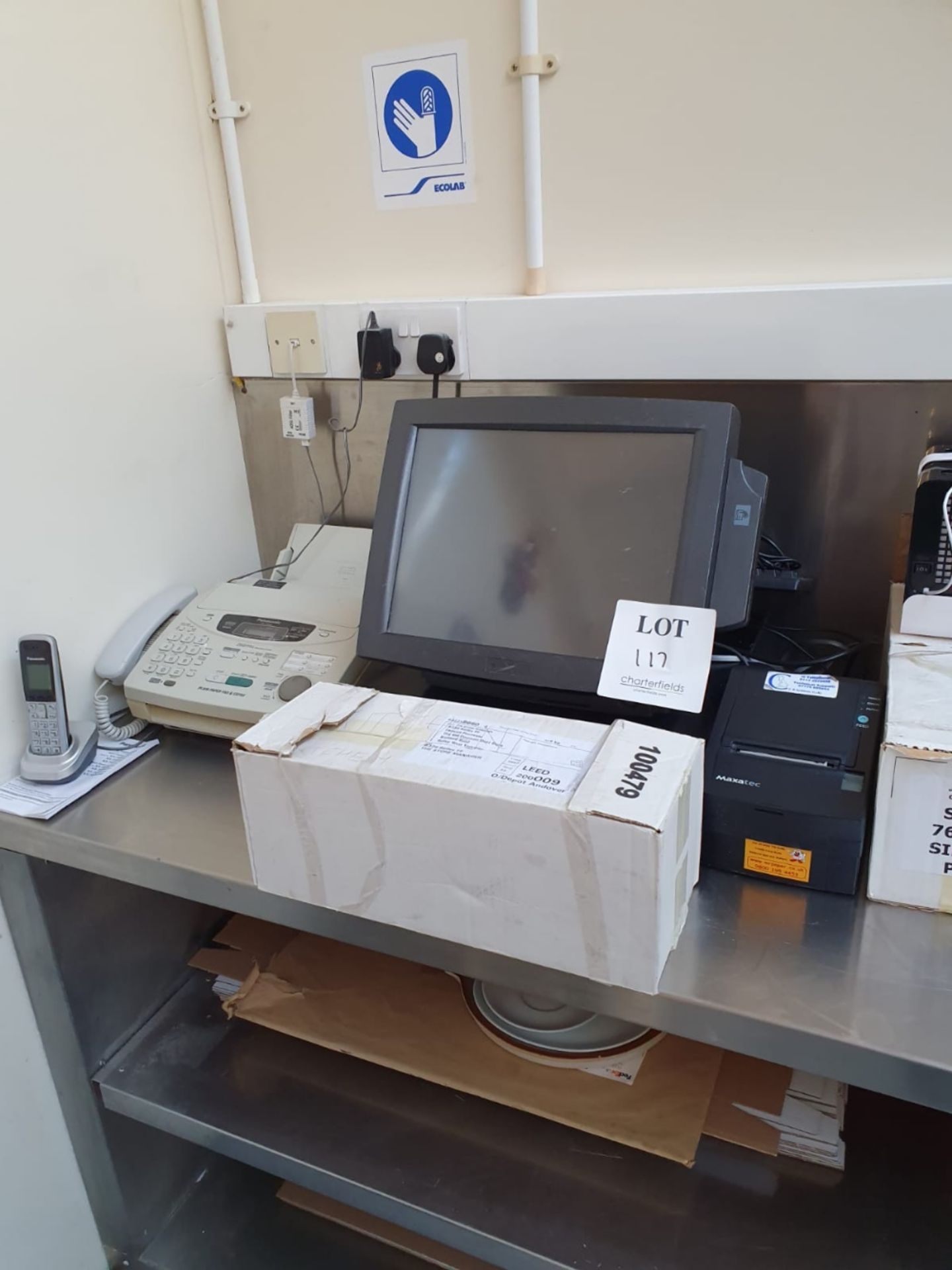 Cash till with cash drawer, receipt printer, printer rolls and Panasonic fax machine