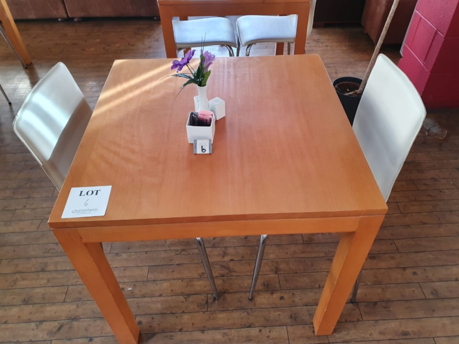 Square wooden table 800mm with 2 metal framed leatherette upholstered chairs and salt and pepper