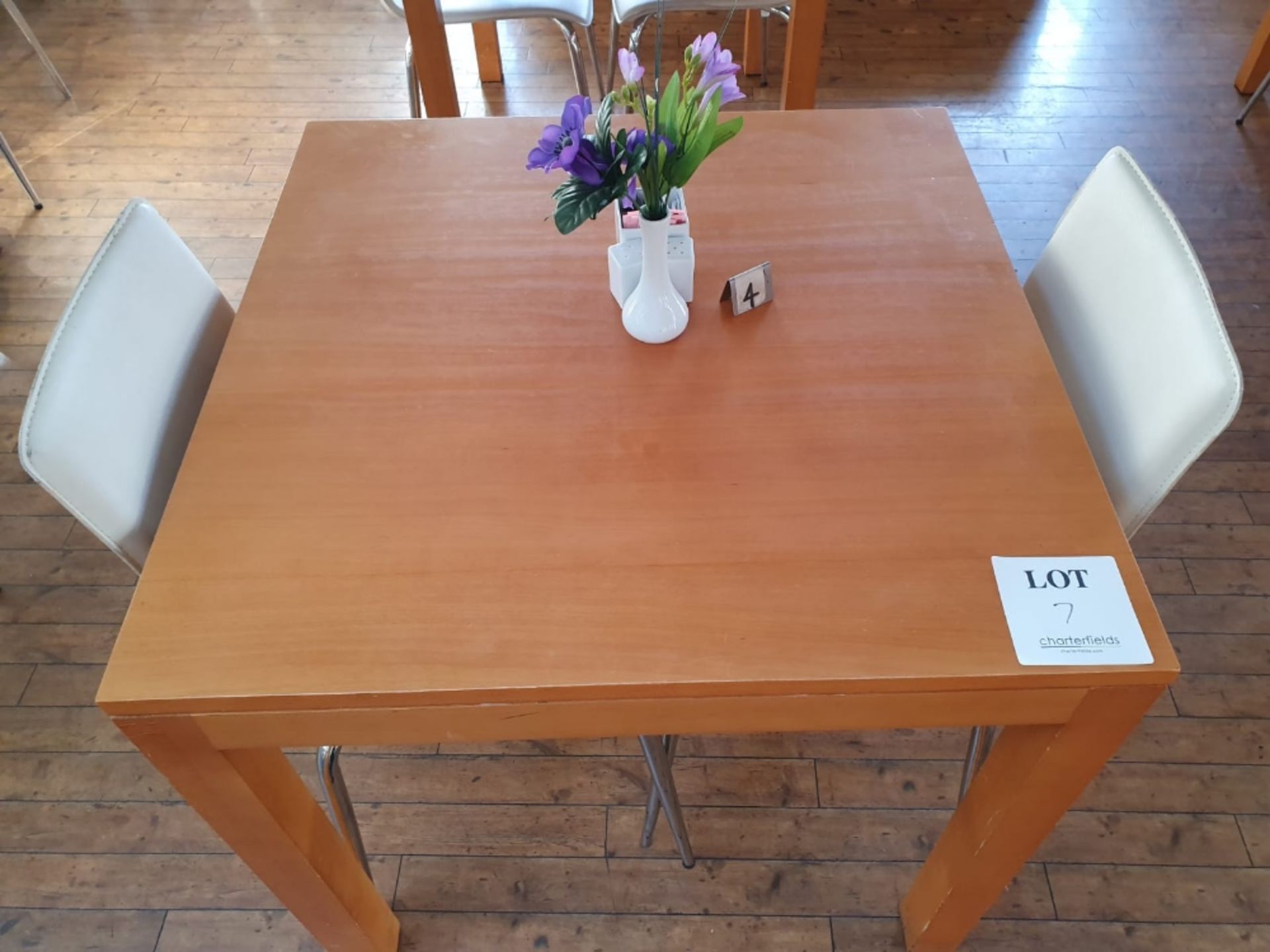 Square wooden table 800mm with 2 metal framed leatherette upholstered chairs and salt and pepper