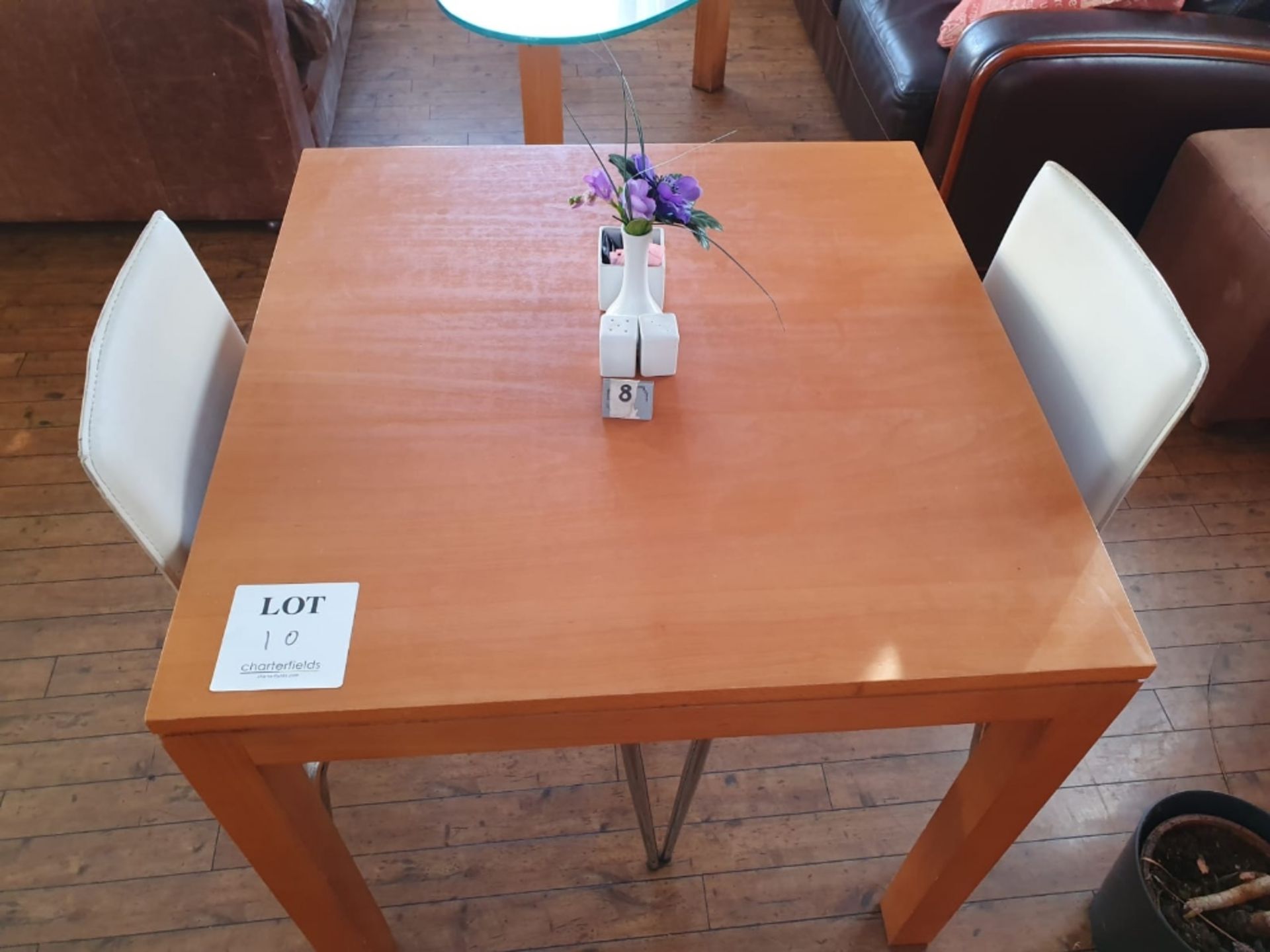 Square wooden table 800mm with 2 metal framed leatherette upholstered chairs and salt and pepper