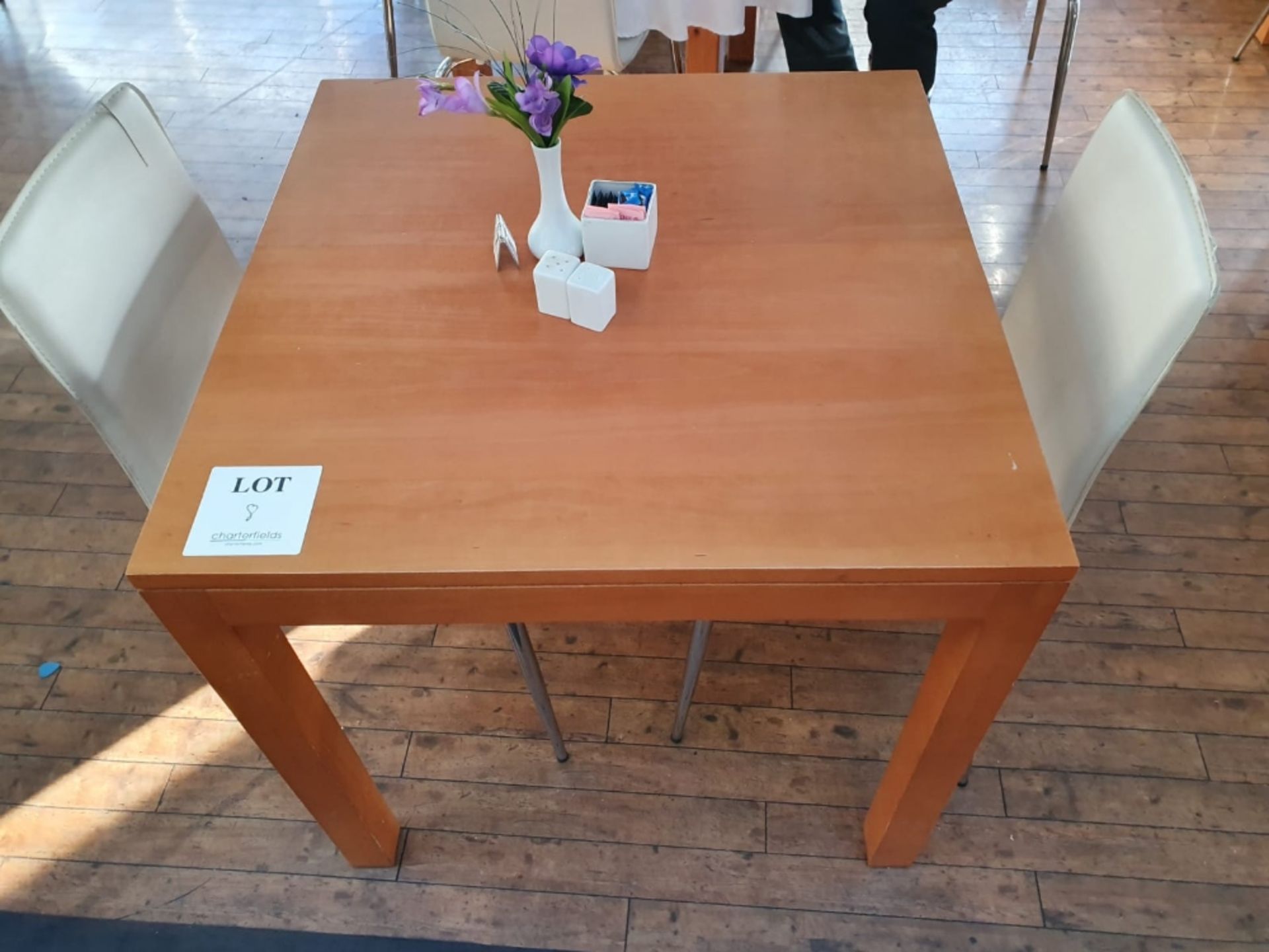 Square wooden table 800mm with 2 metal framed leatherette upholstered chairs and salt and pepper