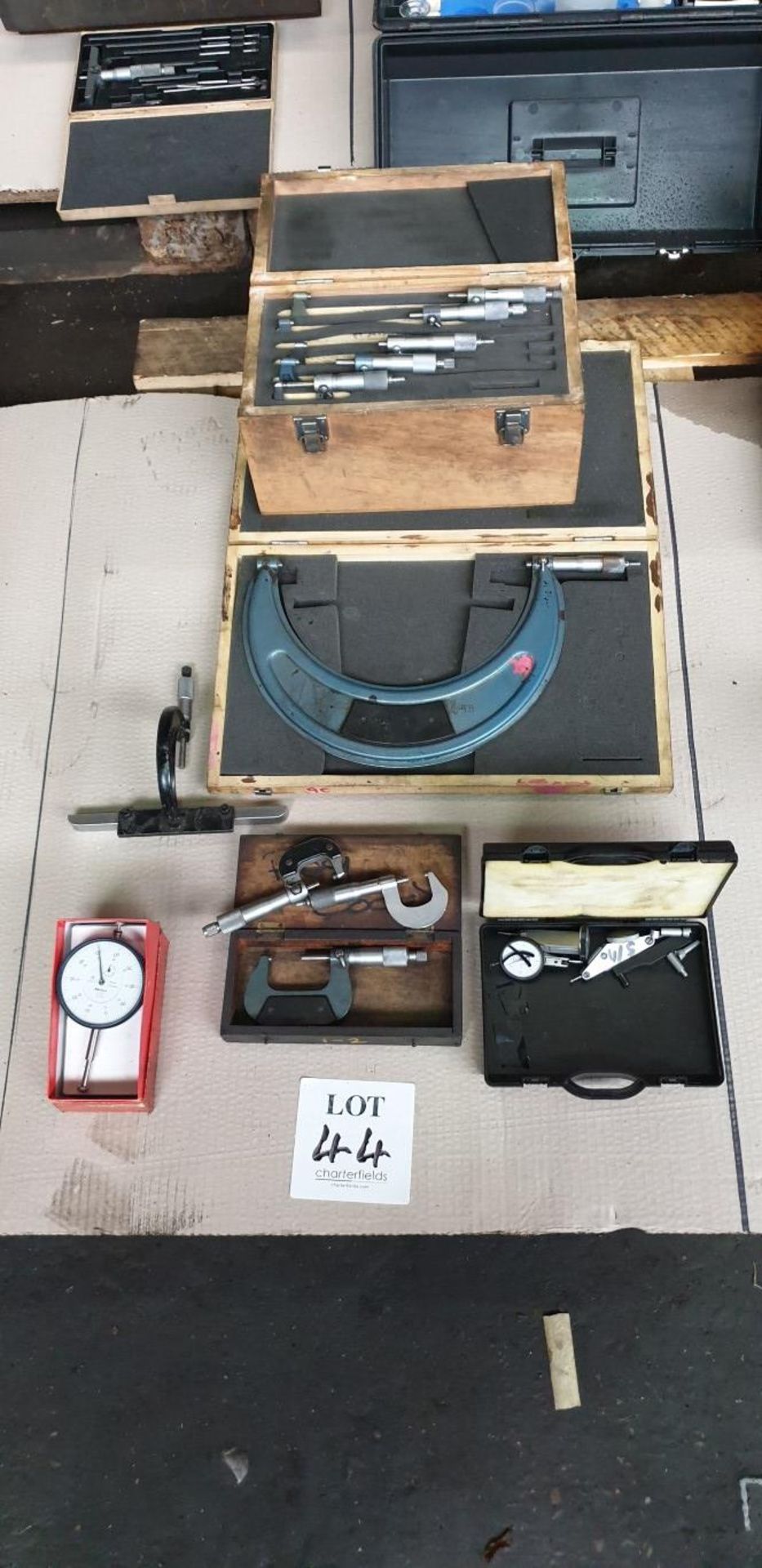 Part set of 0"-6" micrometers, 3 dial test indicators and 4 imperial micrometers