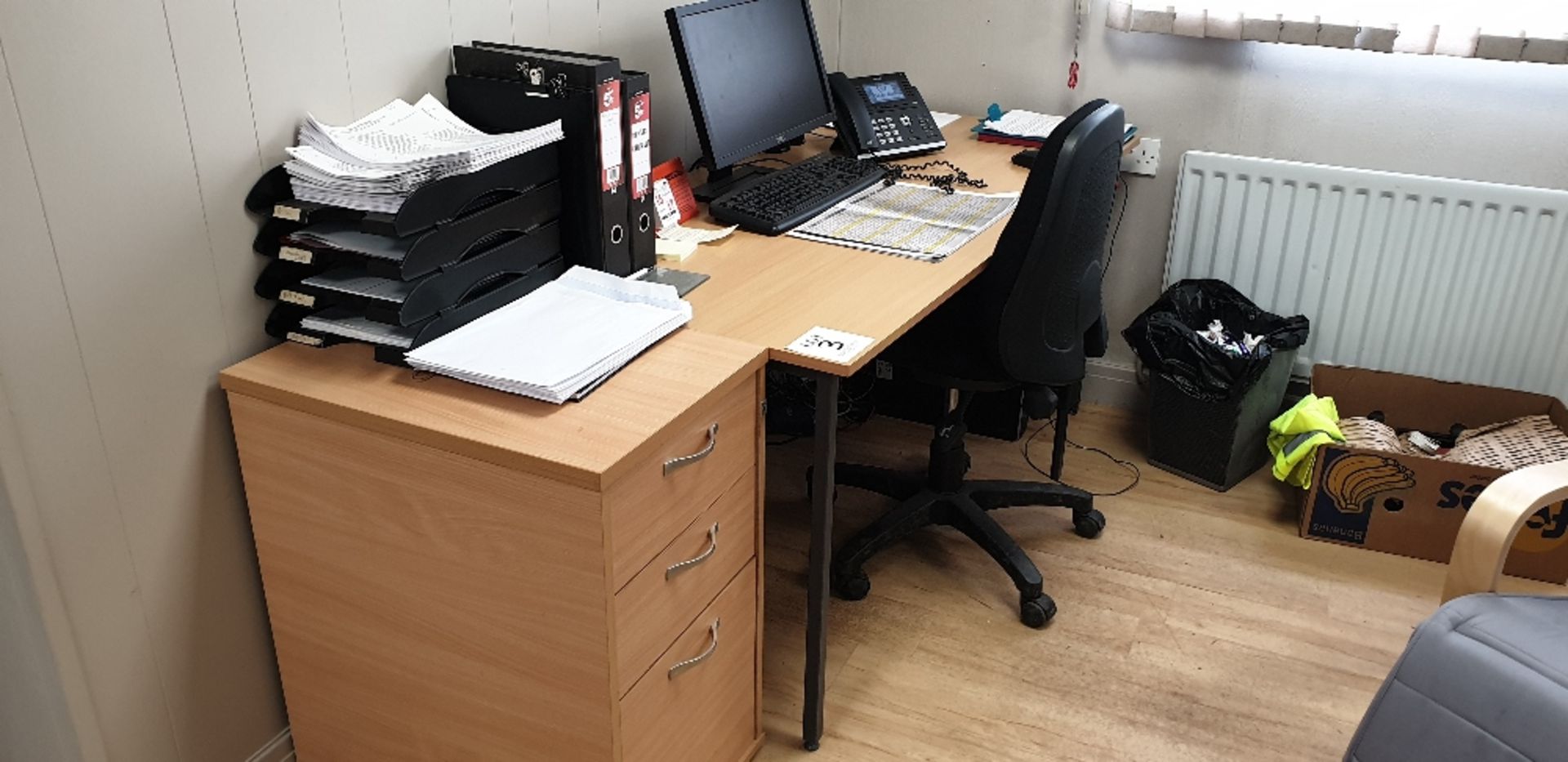 Light oak effect table, 3-drawer pedestal and swivel chair (computer equipment specifically