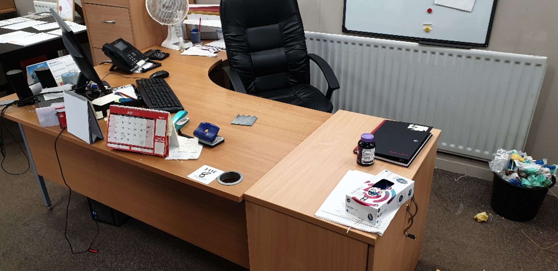 Desk, 3-drawer pedestal, double door cupboard and swivel chair (computer equipment specifically