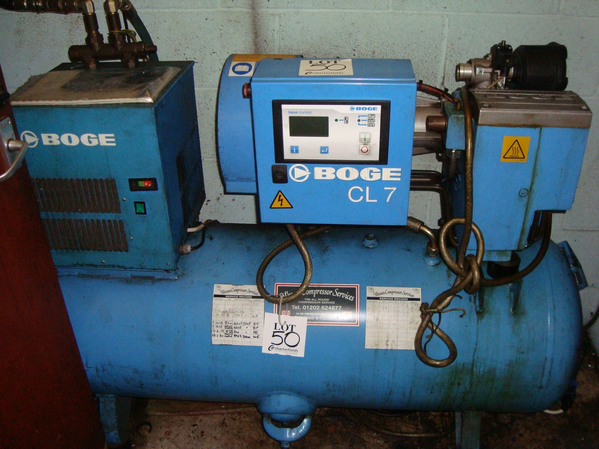 A Boge CL7 receiver mounted air compressor with dryer and fittings throughout Serial number