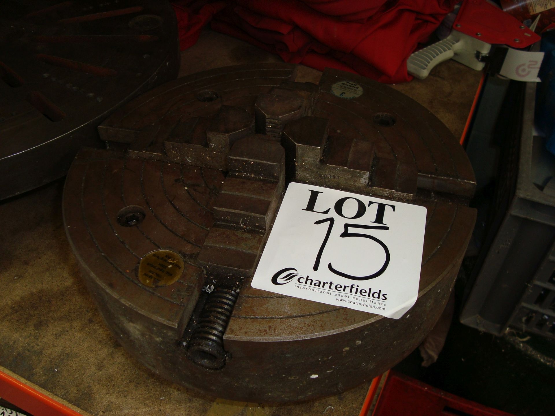 Two lathe chucks, a circular surface plate and a lathe bar centre, as lotted - Image 2 of 5