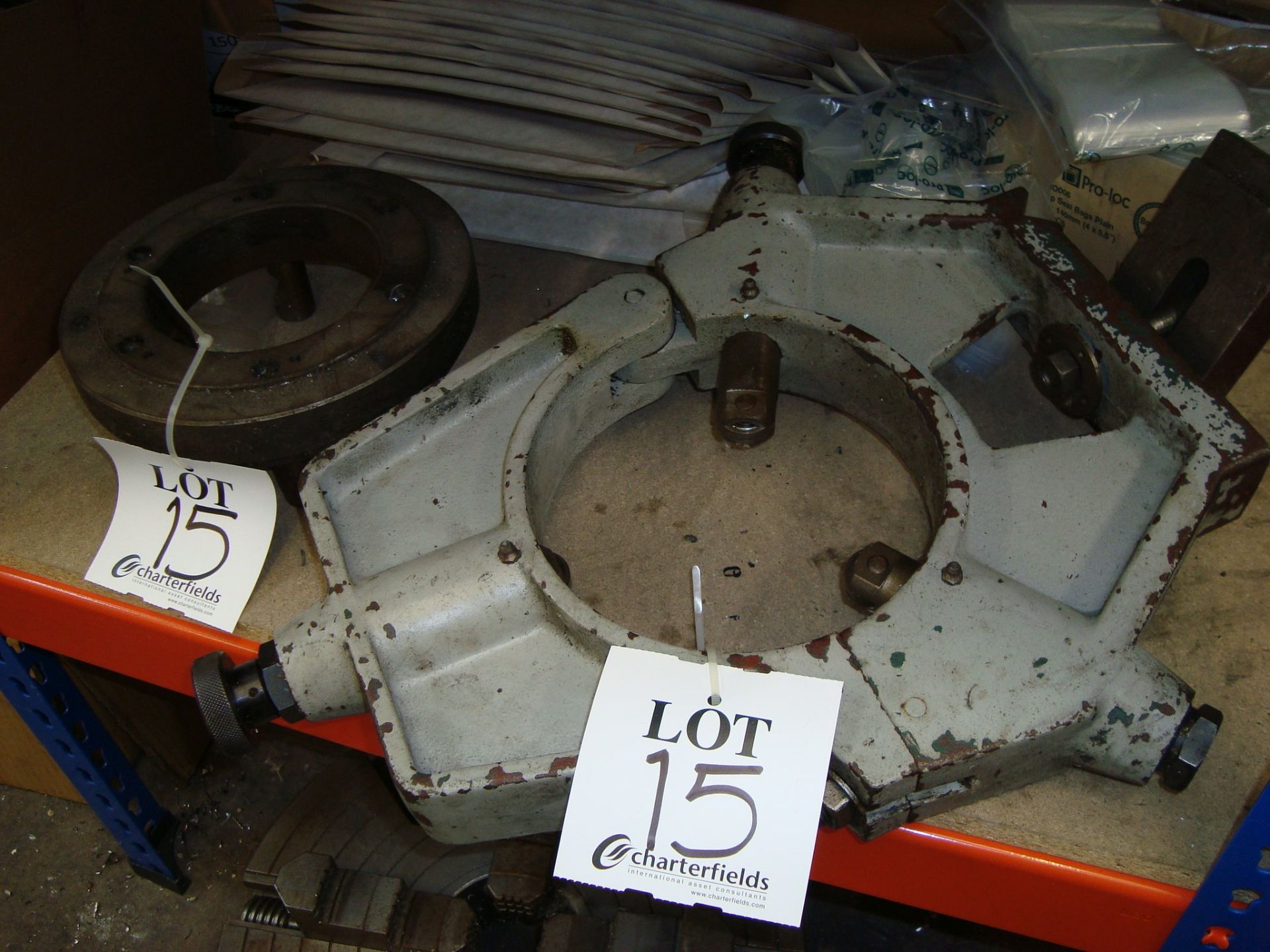 Two lathe chucks, a circular surface plate and a lathe bar centre, as lotted - Image 4 of 5