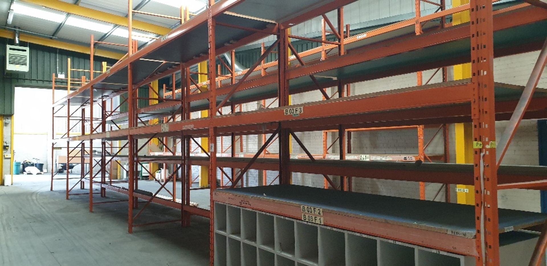 5 - bays of heavy duty pallet racking with 25mm MDF and chipboard shelving and 20 - position