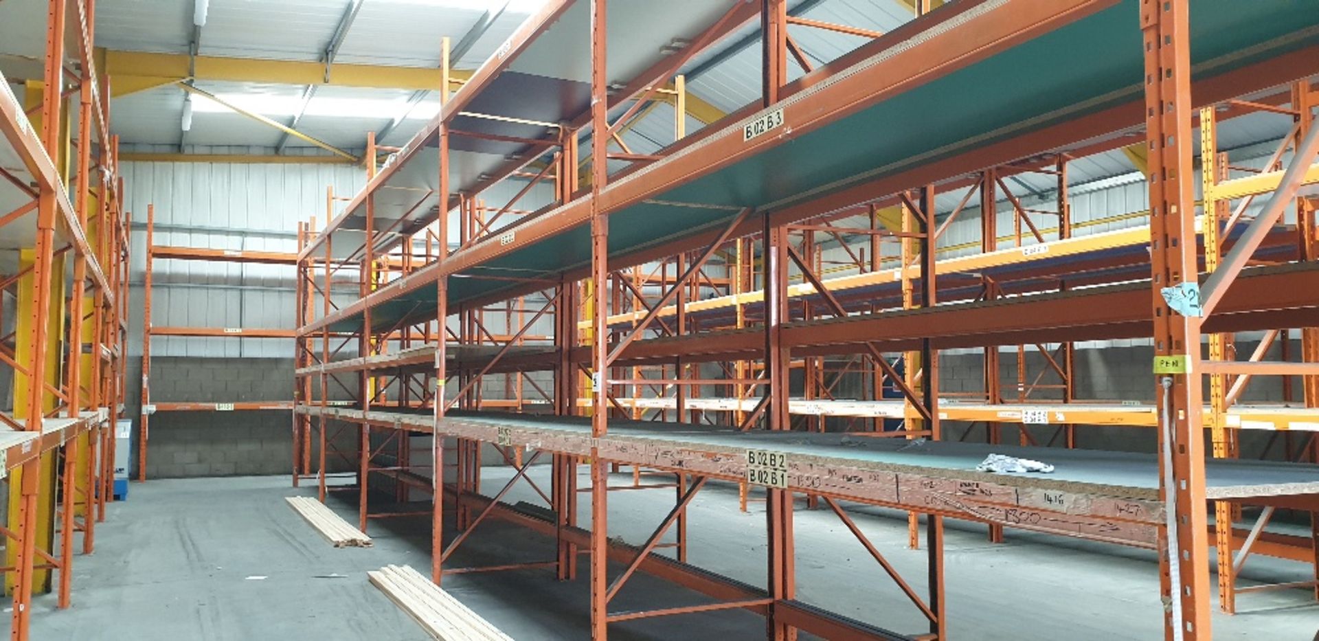 5 - bays of heavy duty pallet racking with 25mm MDF and chipboard shelving