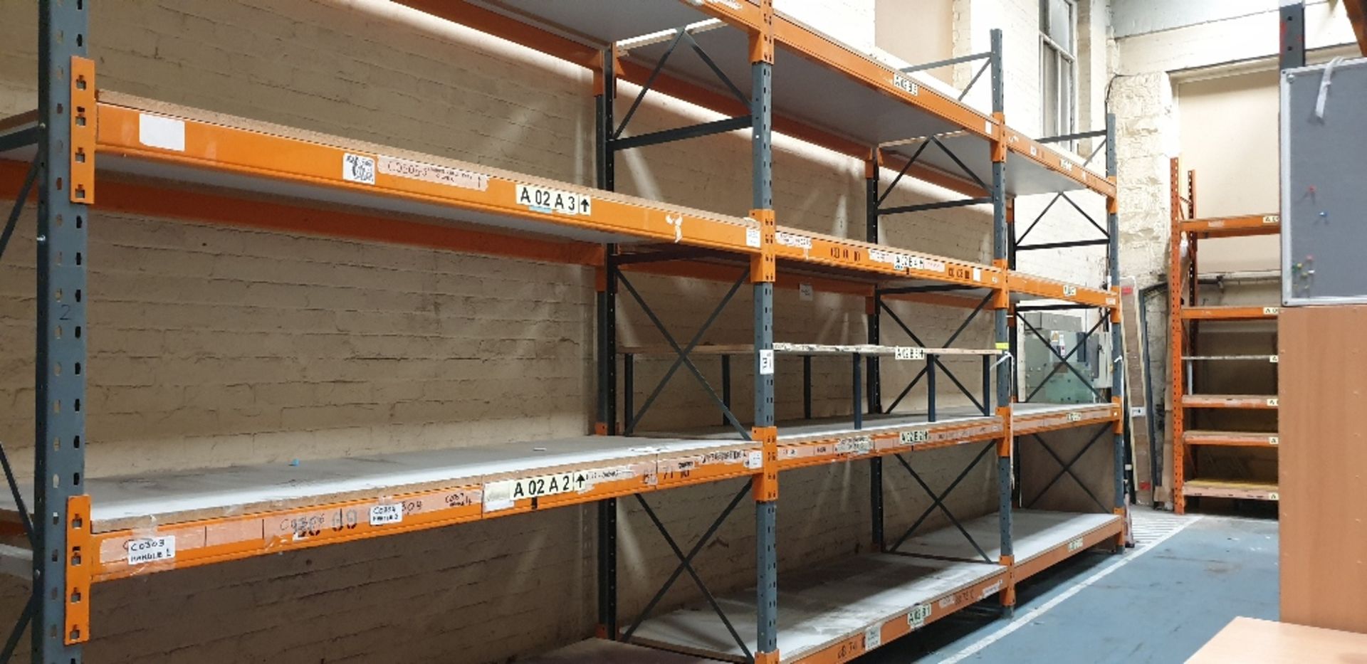 3 - bays of heavy duty pallet racking with 25mm chipboard shelving