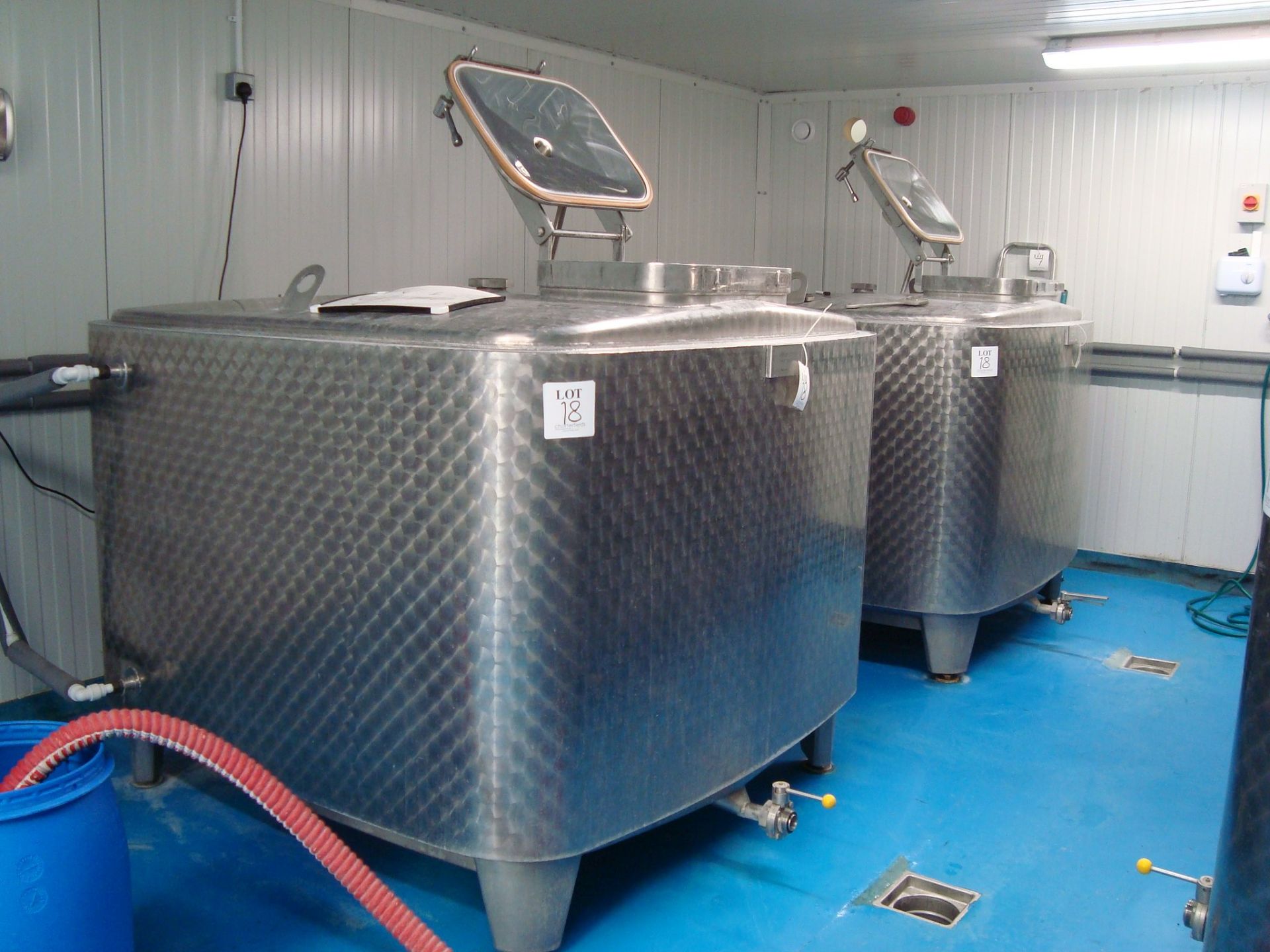 Two 2,000L Moeschle cuboidal fermenting vessels with cooling jackets, Serial numbers 21190 and