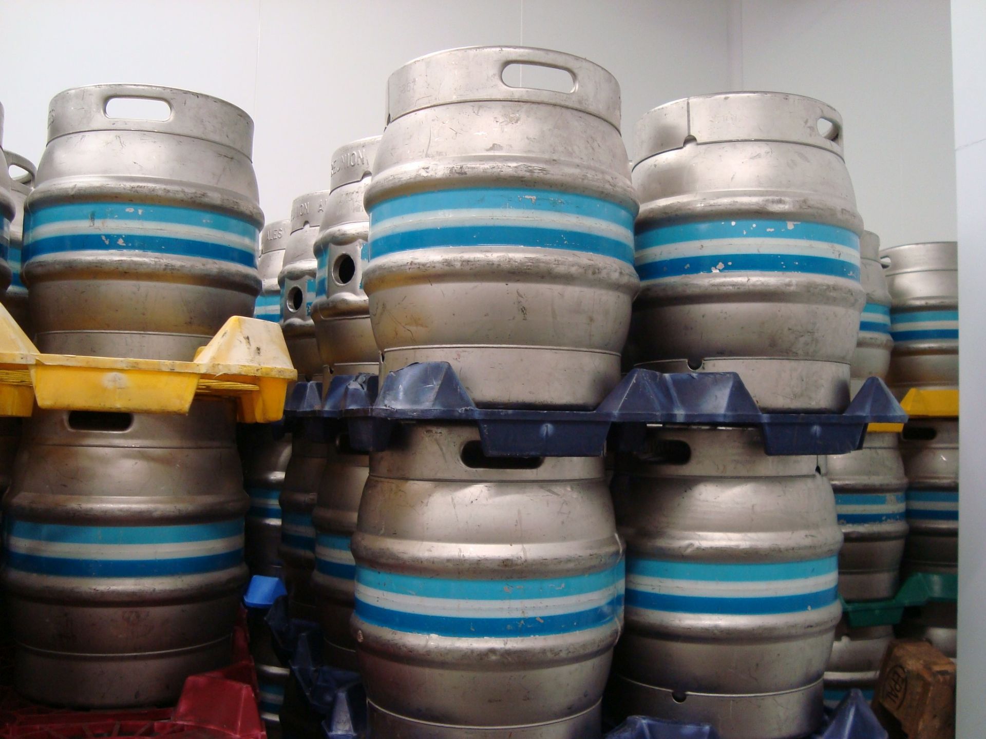 Seventy two stainless steel nine gallon firkin casks