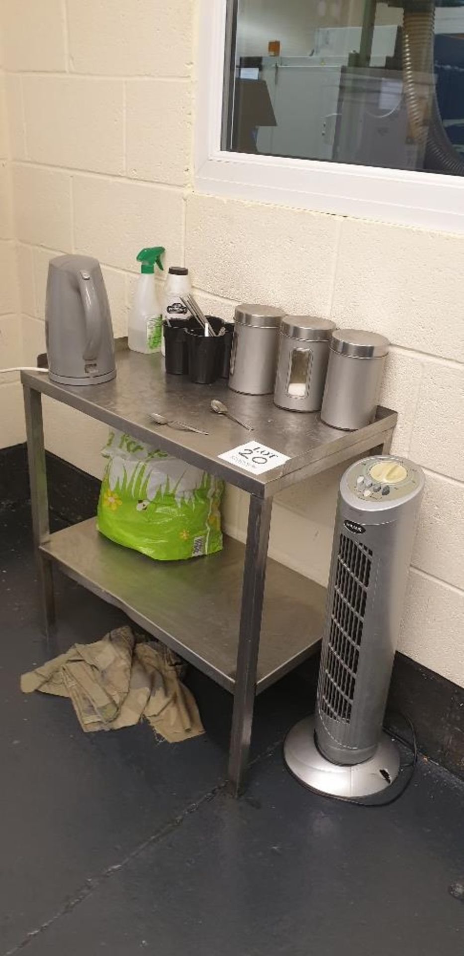 Two tier stainless steel table, kettle and fan