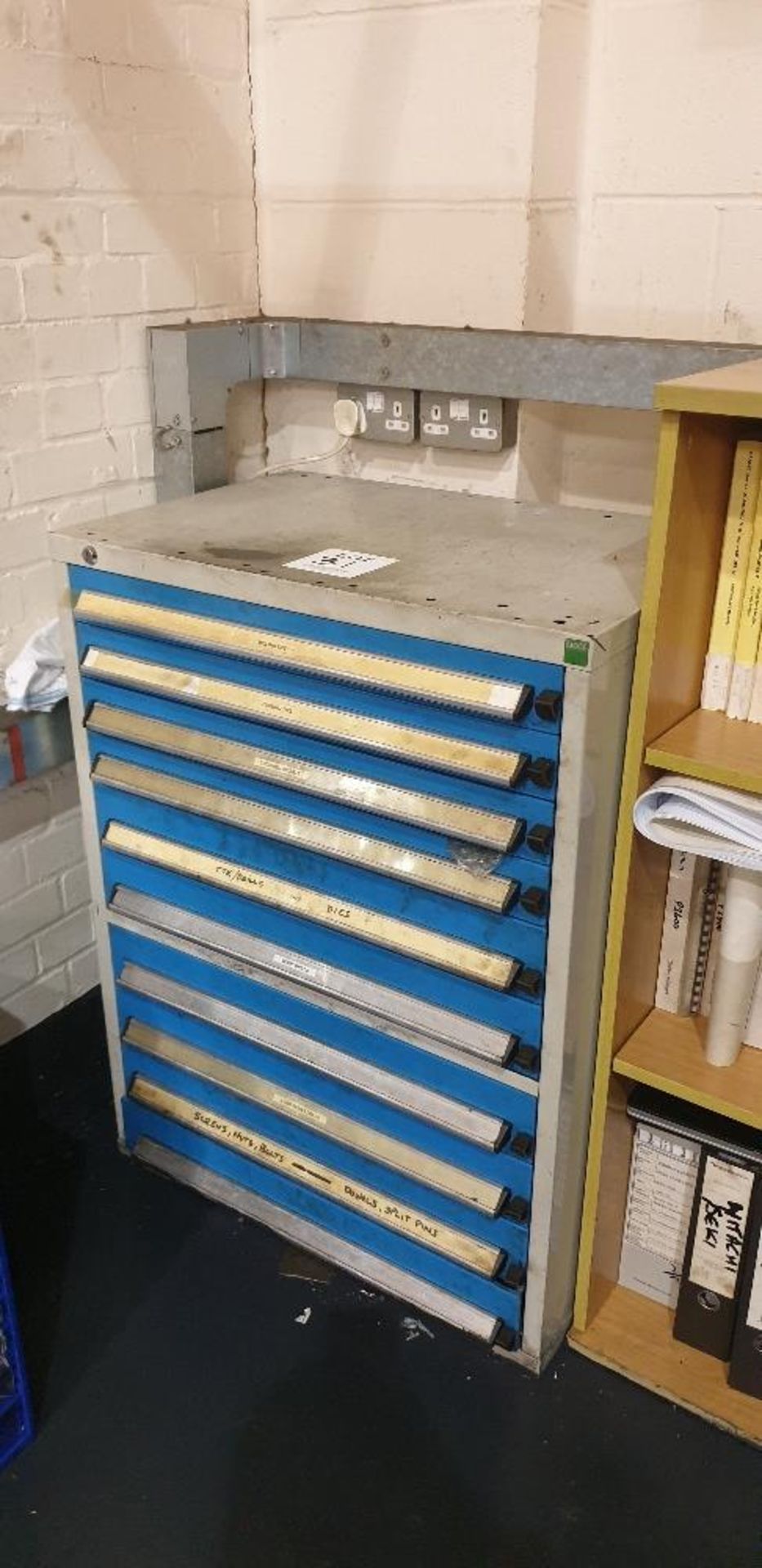 Bott 10 drawer tool cabinet and contents of milling tips, turning tips, taps and dies, drills, nuts,