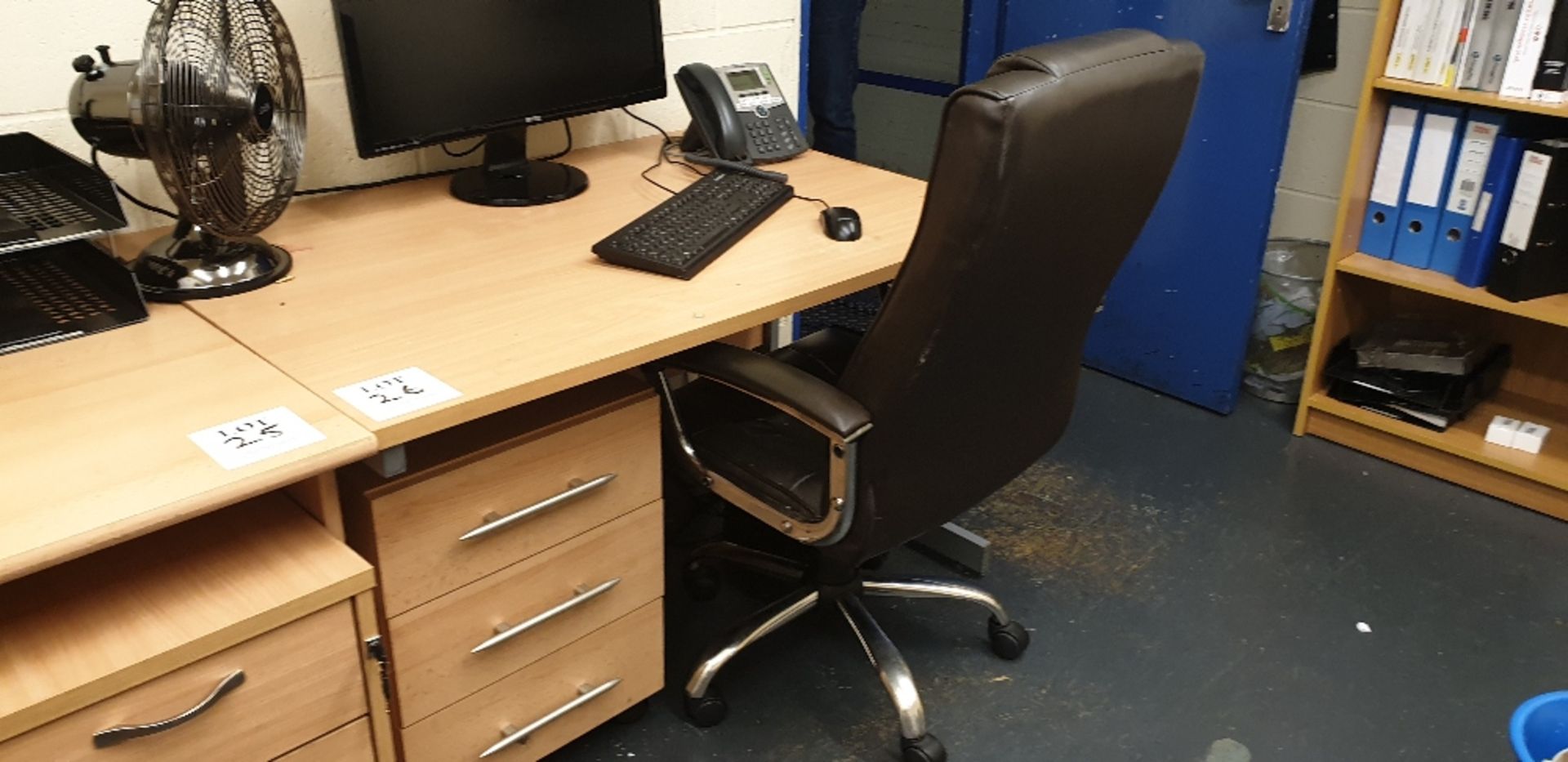 Desk, desk pedestal and swivel chair