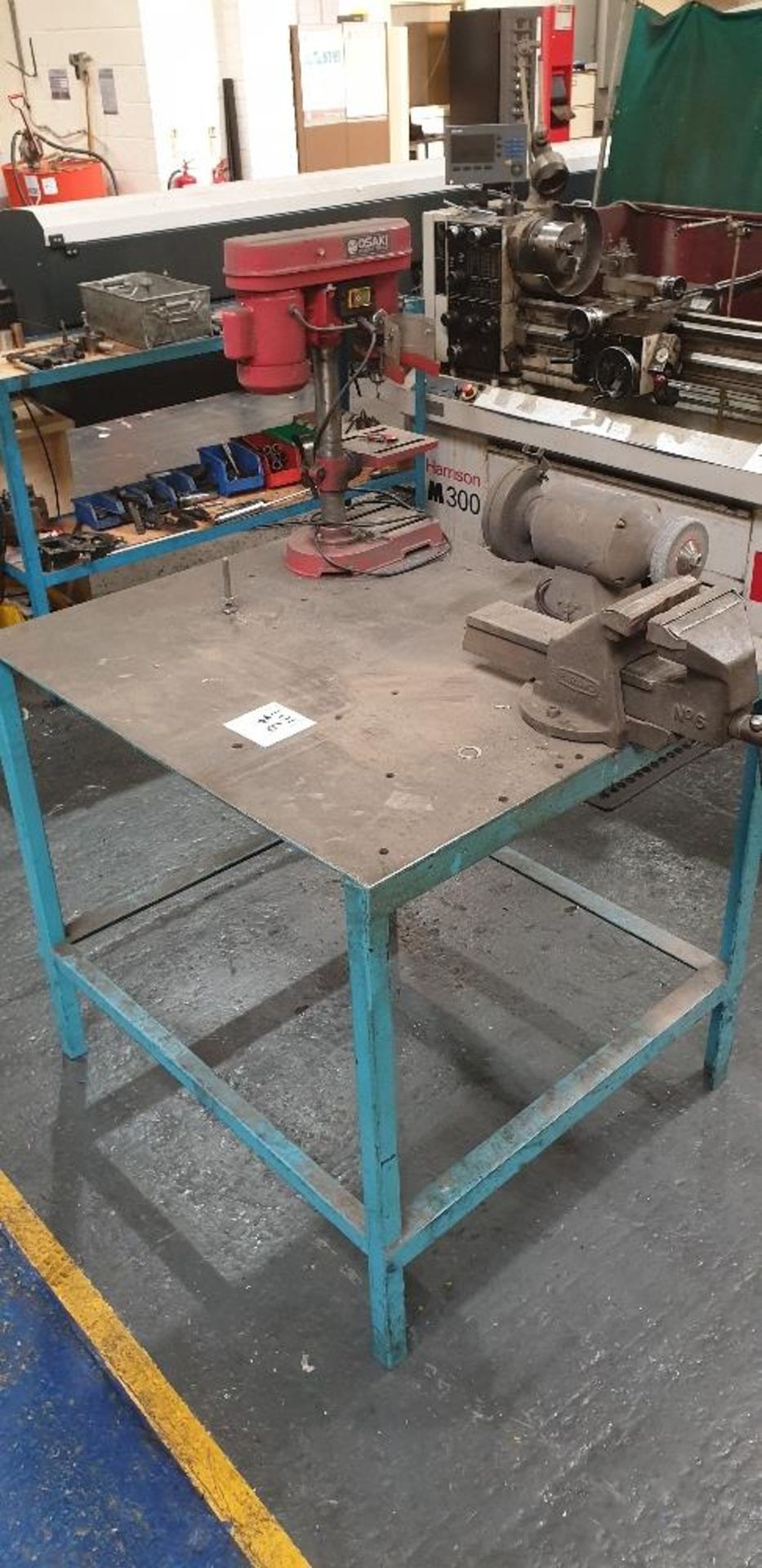 Steel table 1000 x 900mm with Paramo No.6 engineers vice, Osaki bench drill and Kobe 6" bench