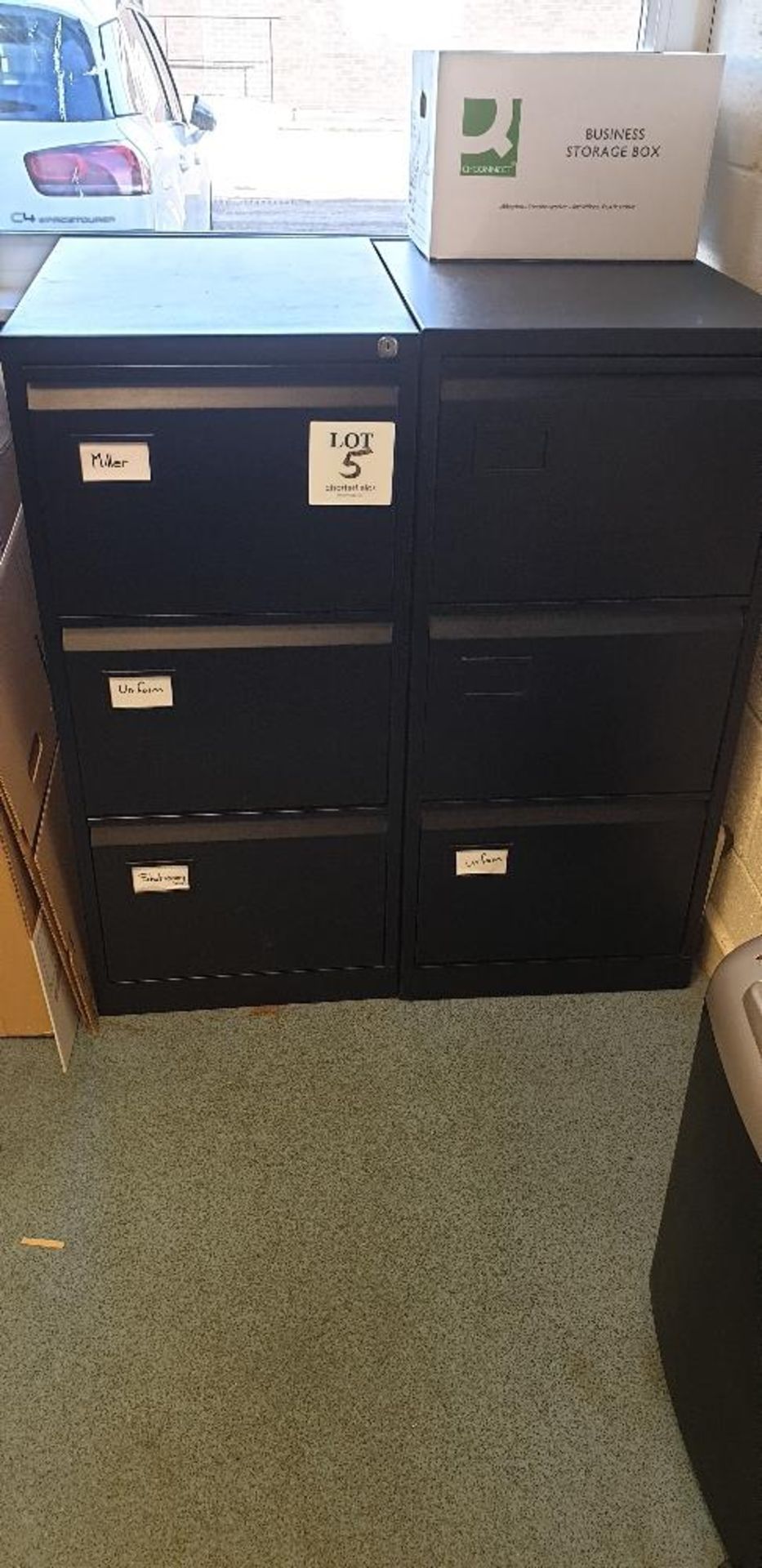 2 - black three drawer filing cabinets